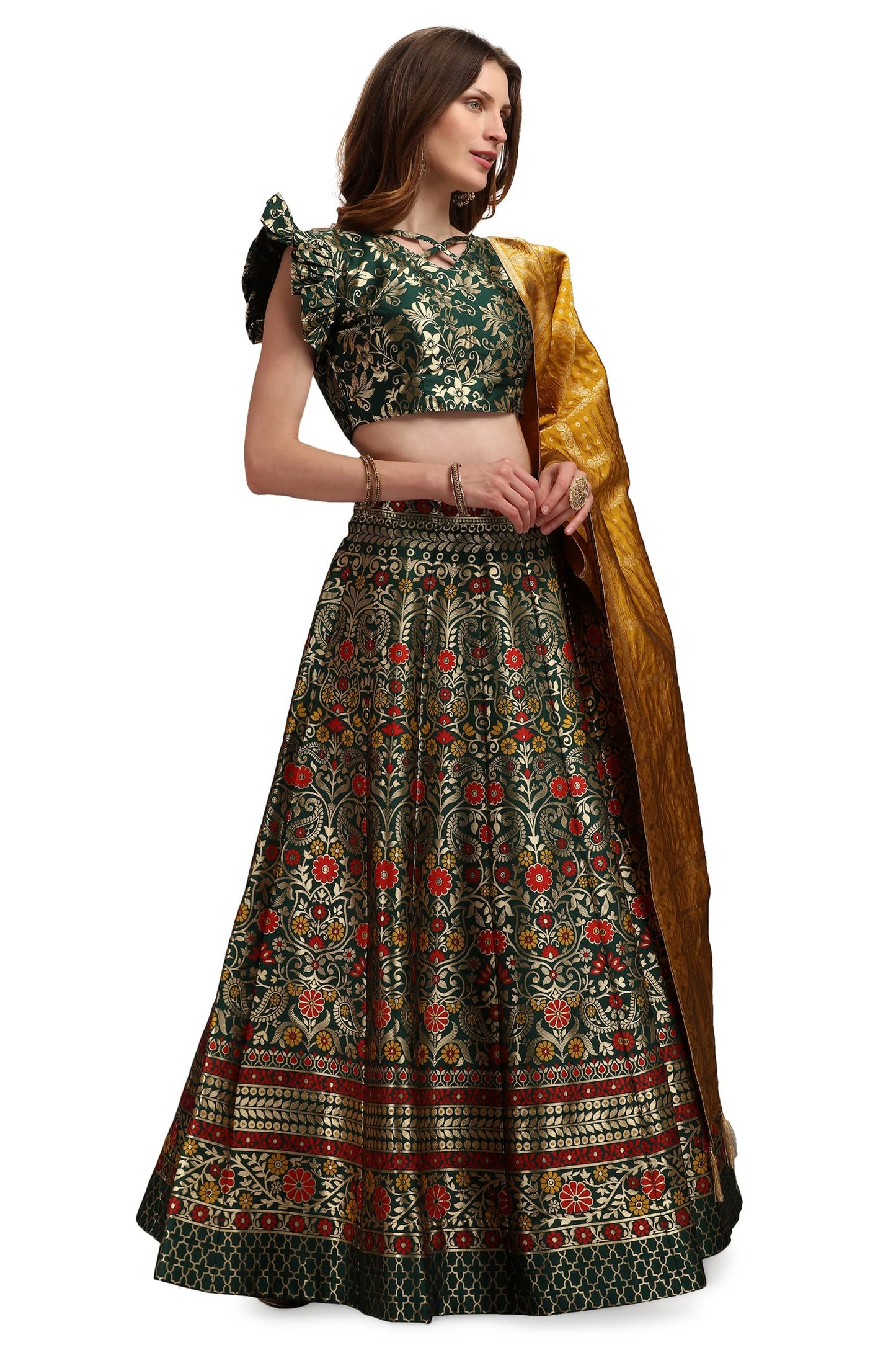 PURVAJA Women's Jacquard Semi-Stitched Lehenga choli (Malika-D-Green_Green_Free Size)