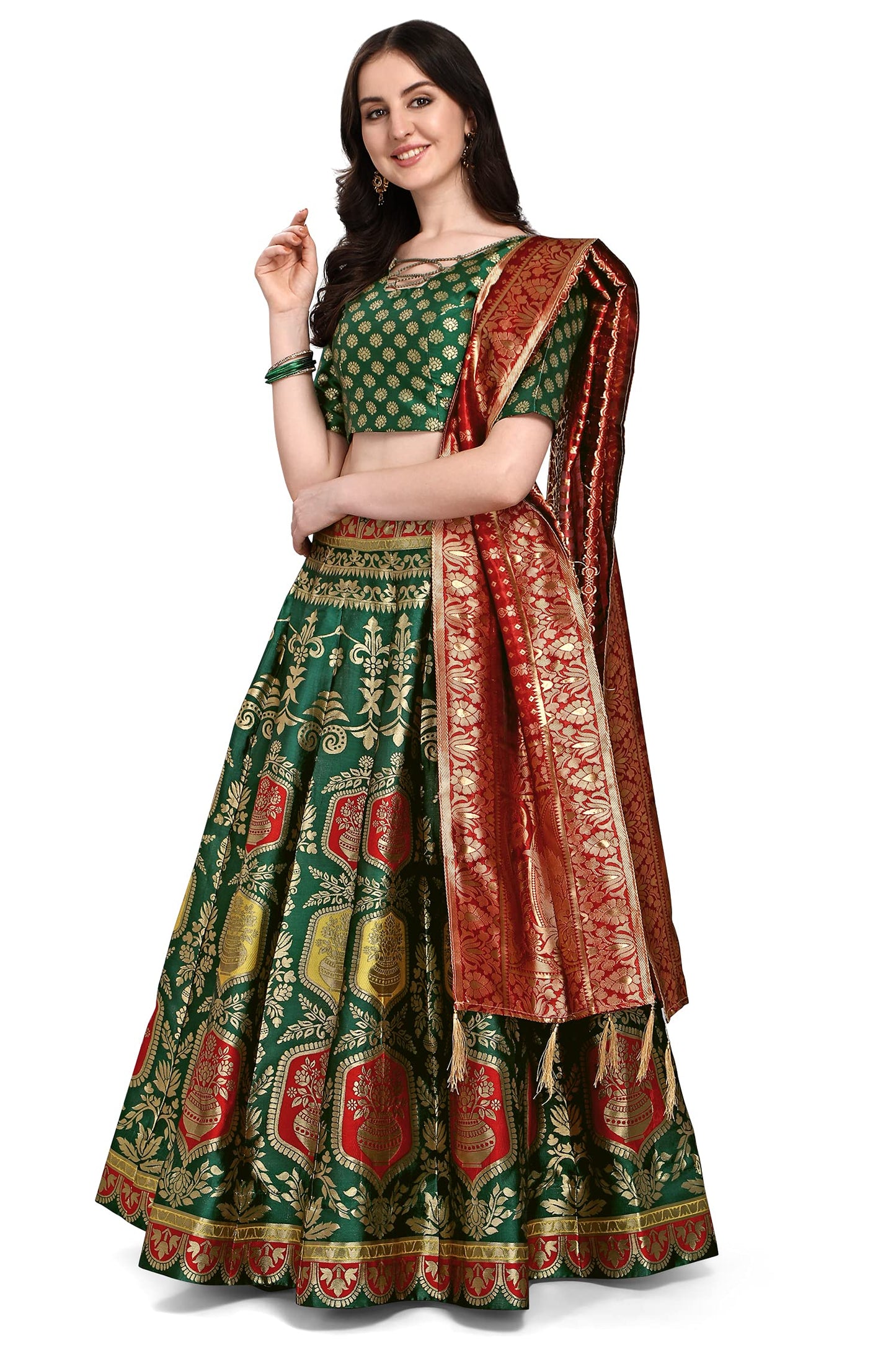 PURVAJA Women's Jacquard Semi-Stitched Lehenga choli (Kalash-D-Green_Green_Free Size)