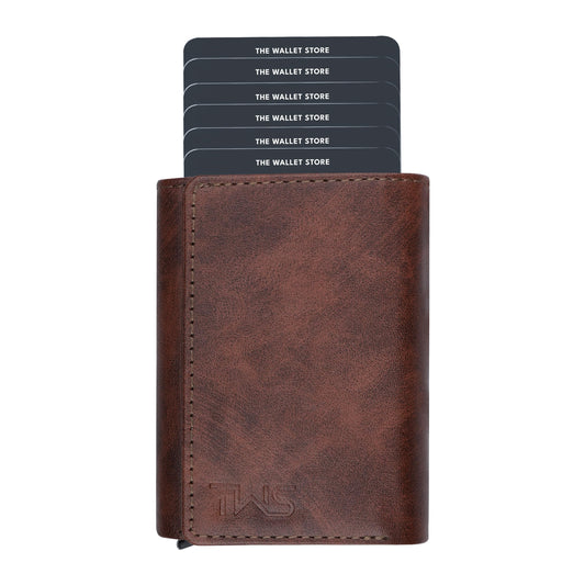 The Wallet Store Maverick RFID Protected Vegan Leather Wallet Cardholder | Pop-up Cardholder | Scan Proof Wallets for Men | Aluminium Case | Up to 8 Cards | Credit & Debit Cardholder (Brown)