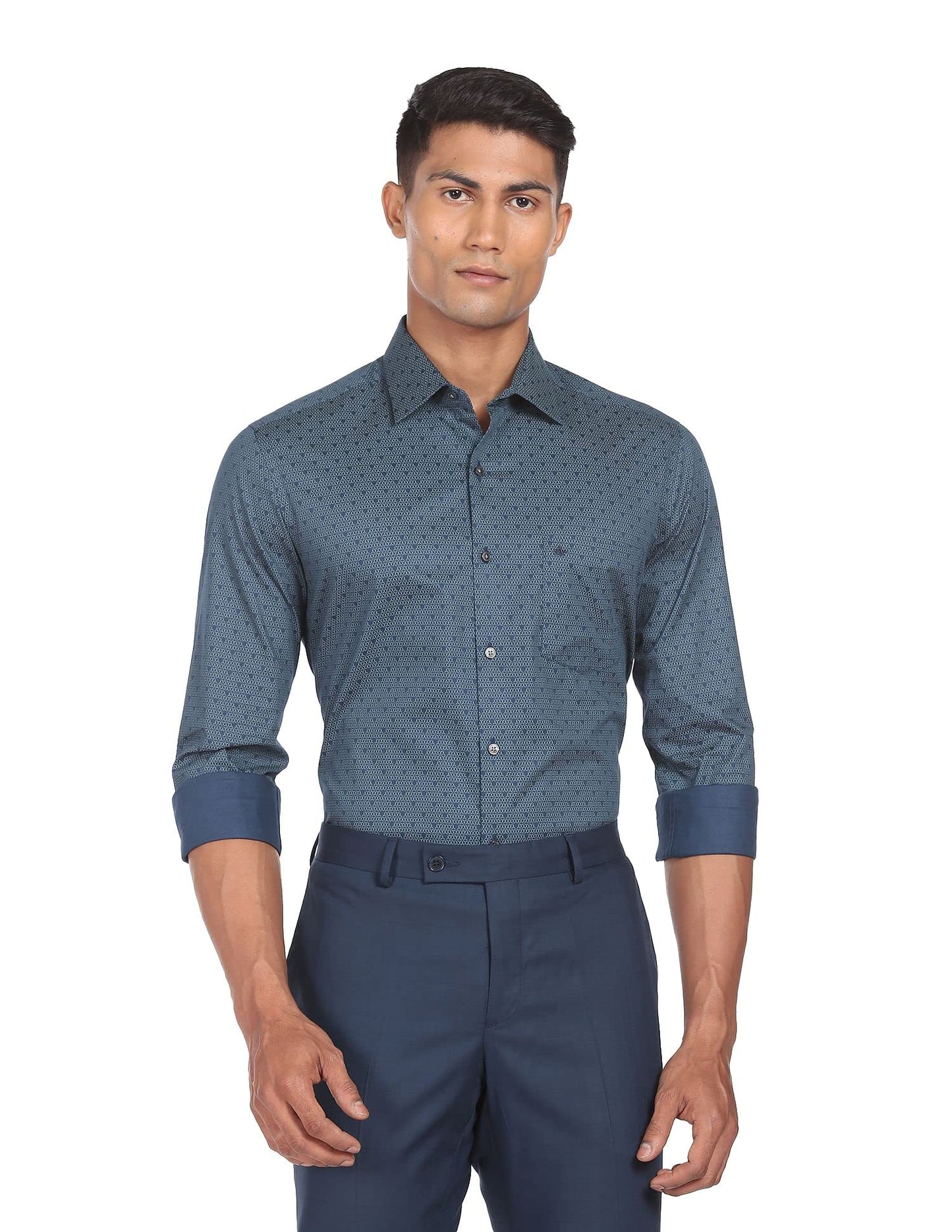Arrow Printed Slim Fit Twill Formal Shirt Dark Blue