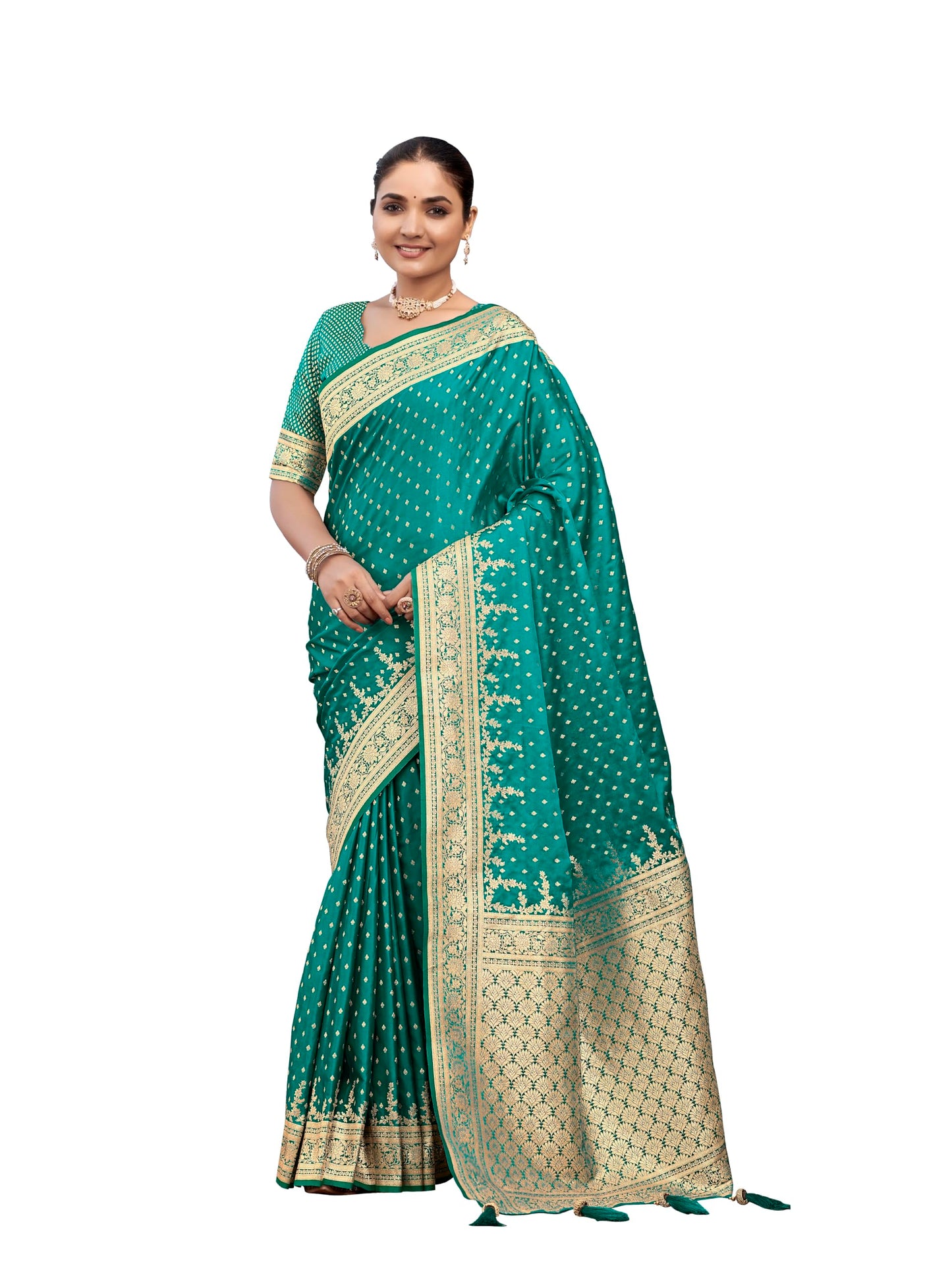 MANOHARI Women's Most Trendy Banarasi Satin Silk Woven Green Saree With Heavy Jacquard Work Saree With Blouse Piece_MN1995