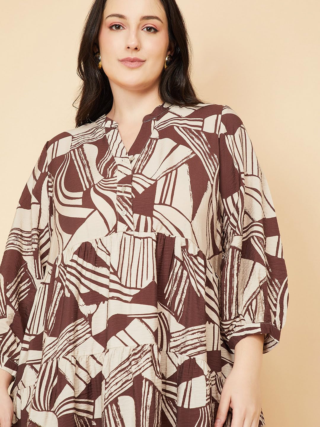 Max Women Printed Tiered Dress(Brown_3XL)