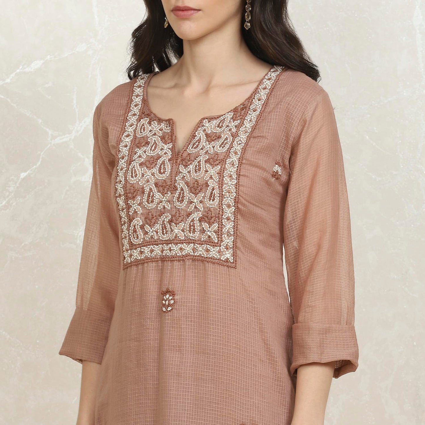 Biba Women's Brown Cotton Hand Embroidered Unstitched Suit Set