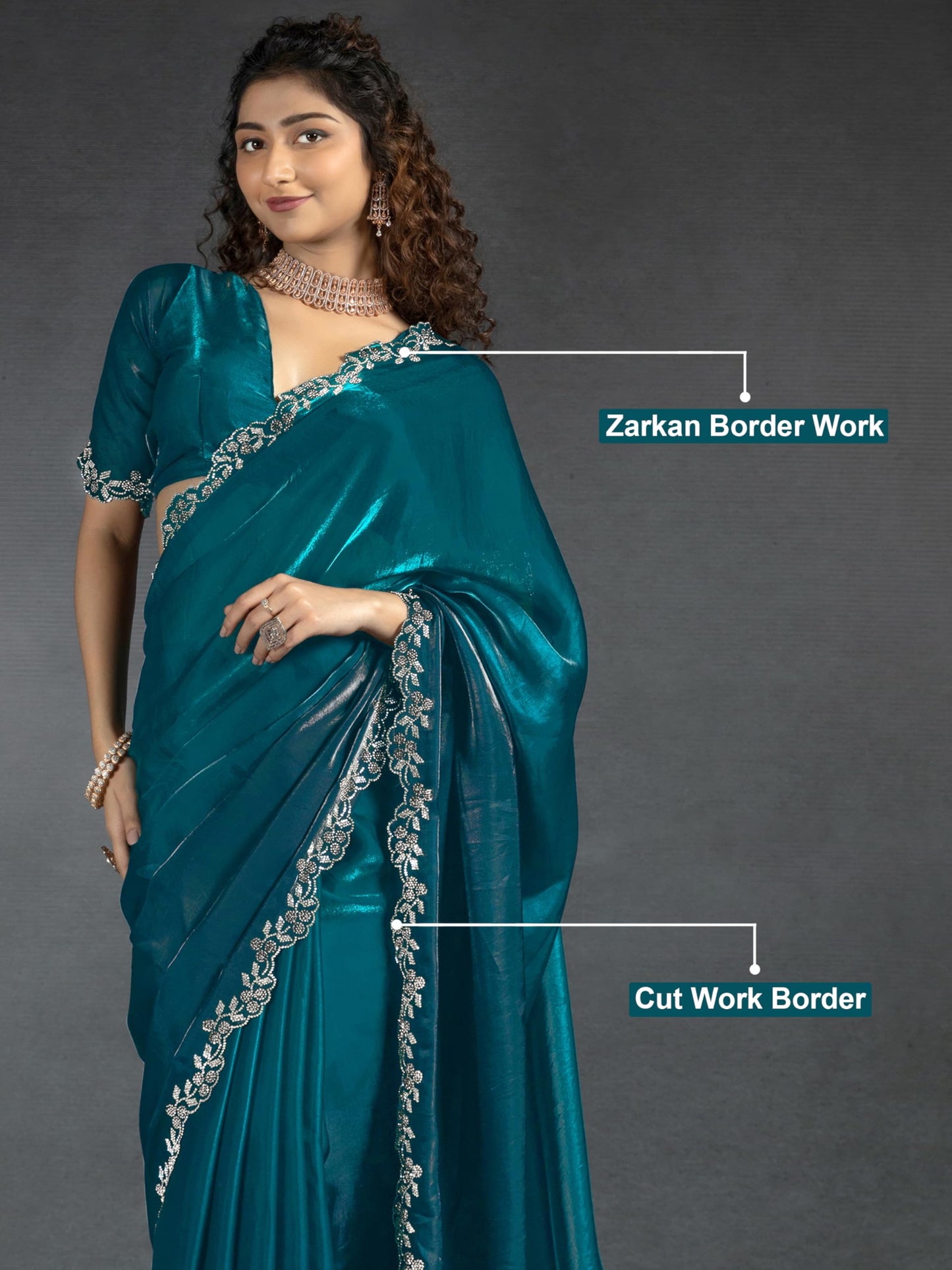 TRENDMALLS Women's Satin Zarkan Work Saree with Unstitched Blouse Piece (K1246-Morpeach)