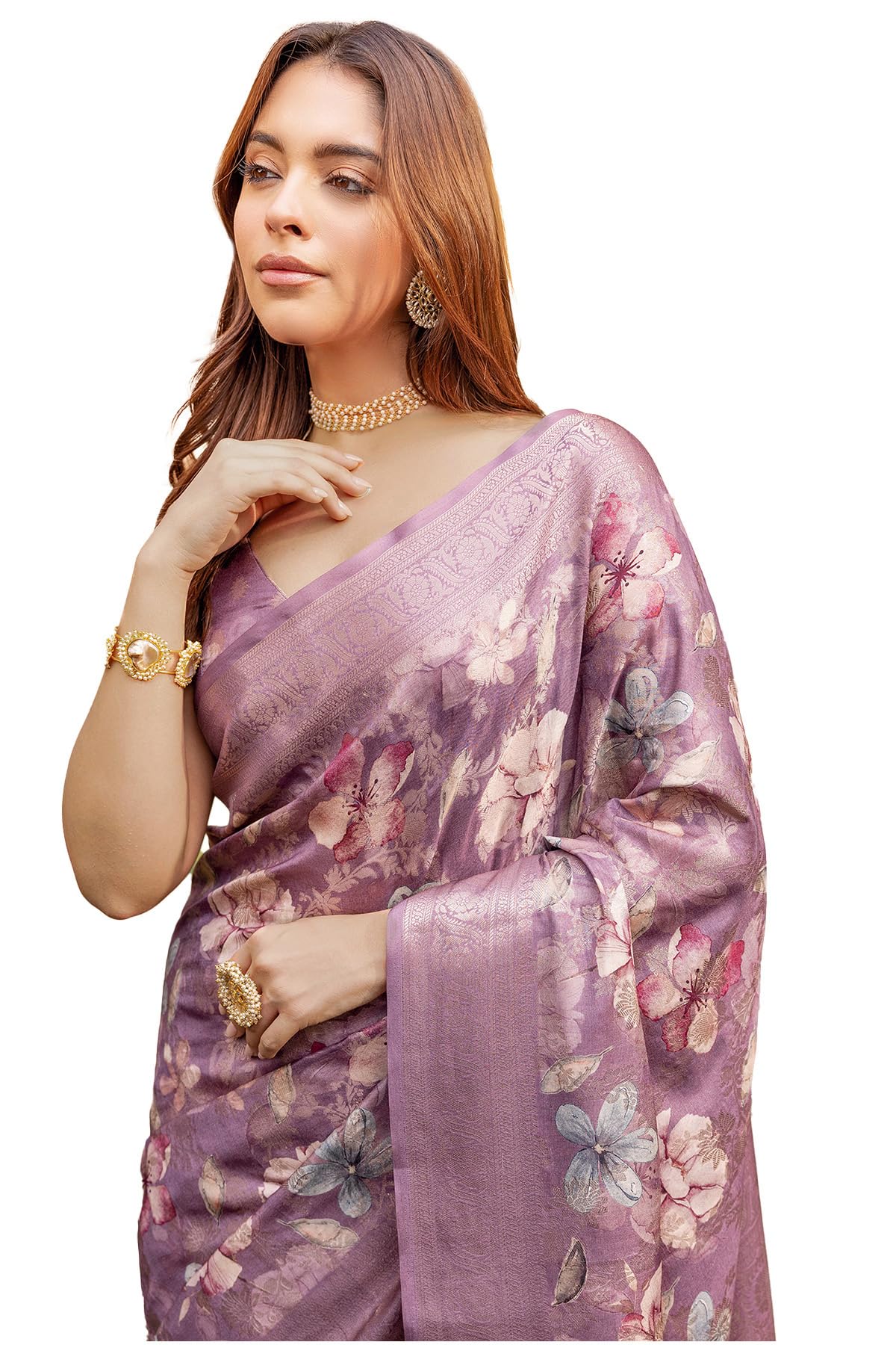 Soch Womens Lavender Tussar Floral Print Saree With Zari Woven