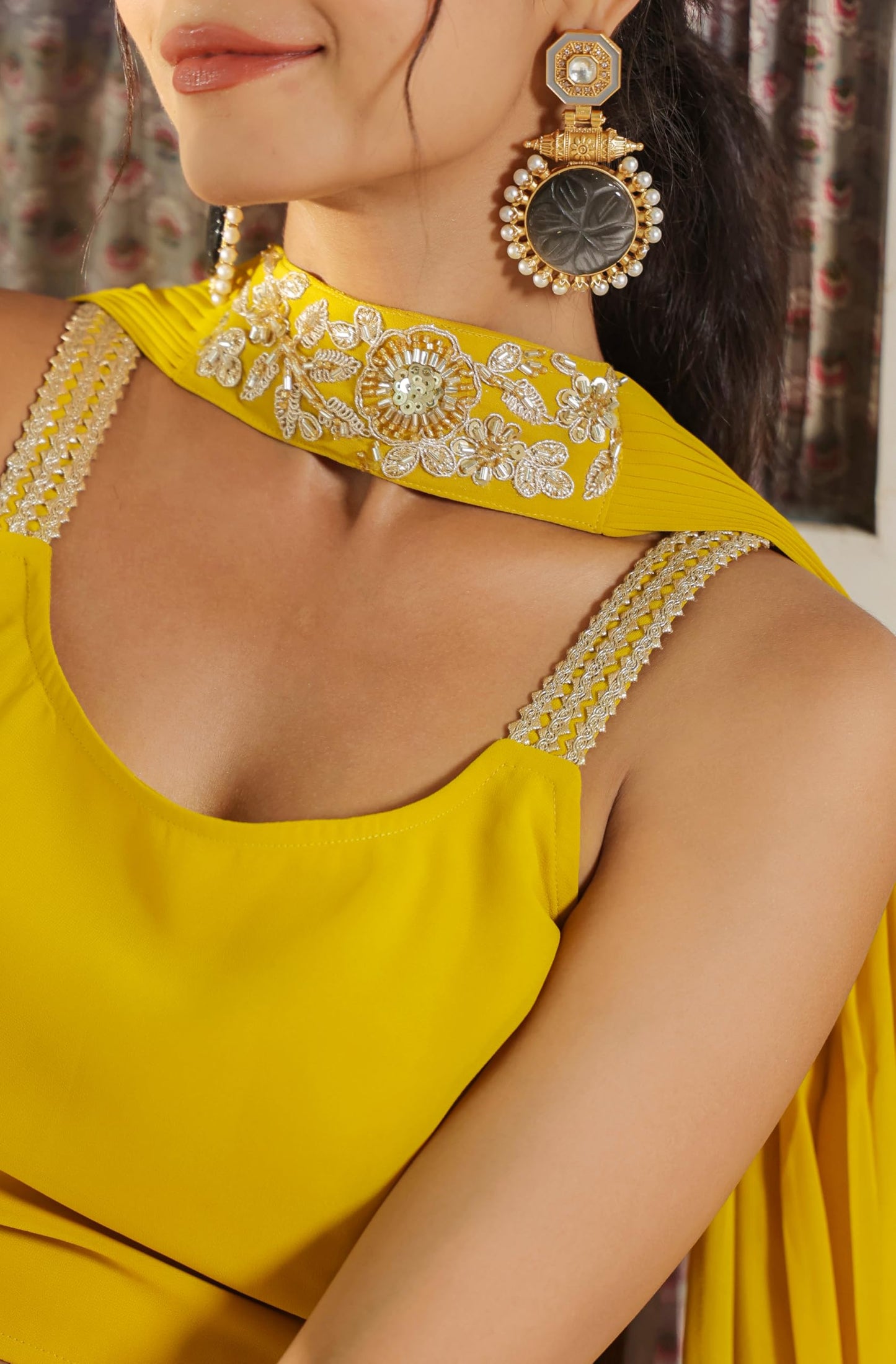 Janasya Women's Yellow Georgette Embellished Foil Printed Tiered Lehenga Choli Set (JAB24LC00481-A-XXL)