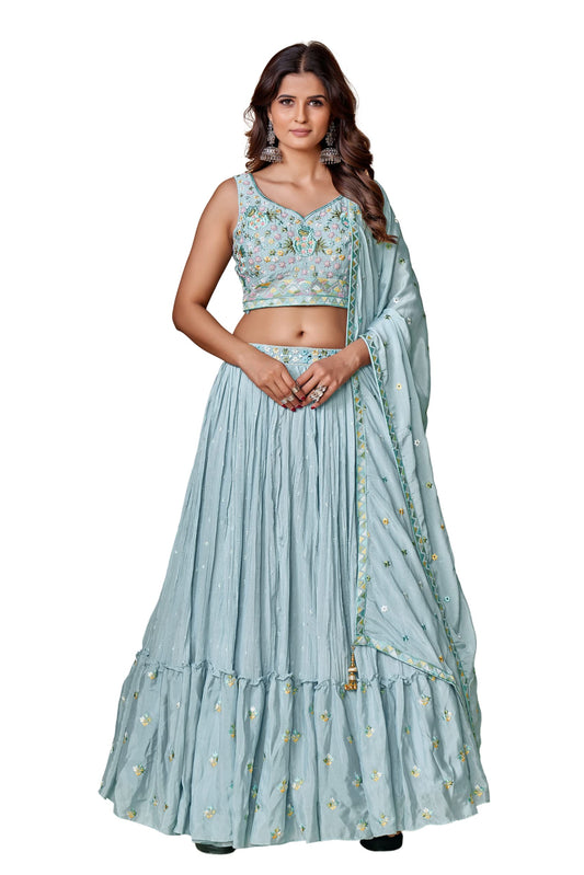 FUSIONIC Sequins With Pearl Powder Blue Ruffle Lehenga