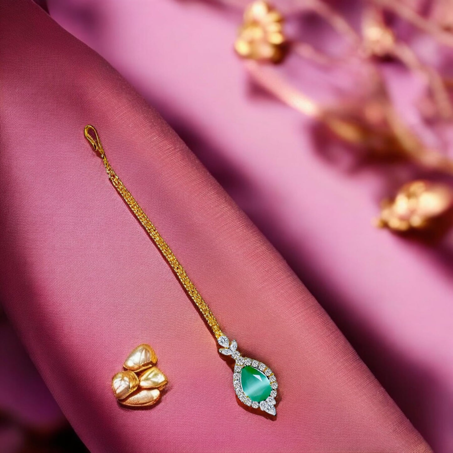 Traditional Indian Maang Tikka, Gold-Plated Chain American Diamond CZ Stones For Girls and Women (Mint Diamond)