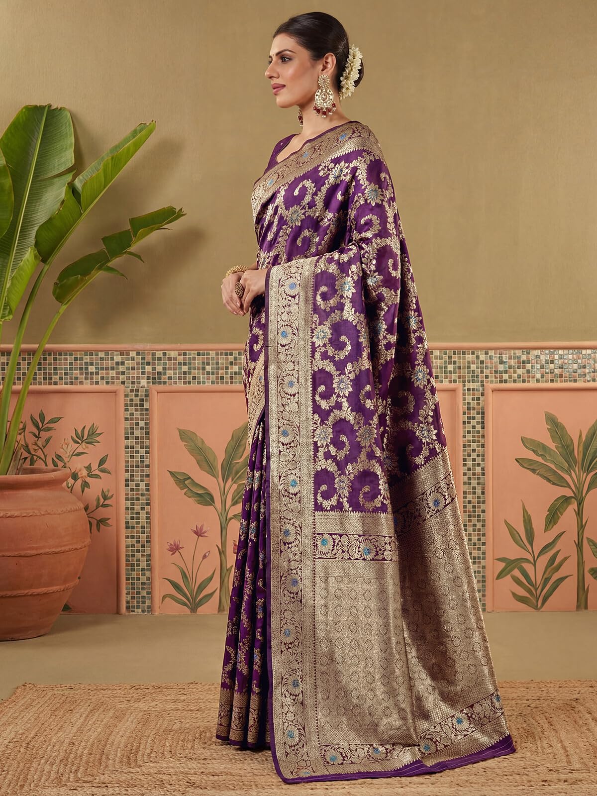 SIRIL Women's Silk Jacquard Banarasi Saree with Unstitched Blouse Piece (4498S753AA_Dark Violet)