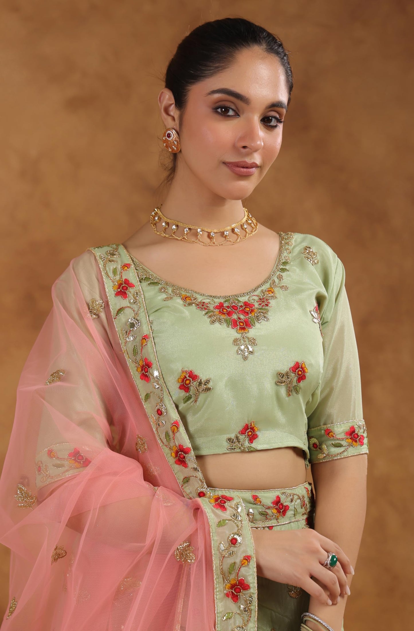 Janasya Women's Pista Green Zari Art Silk Embroidered Semi-Stitched Lehenga Choli with Dupatta Set (JAB24LC01931)