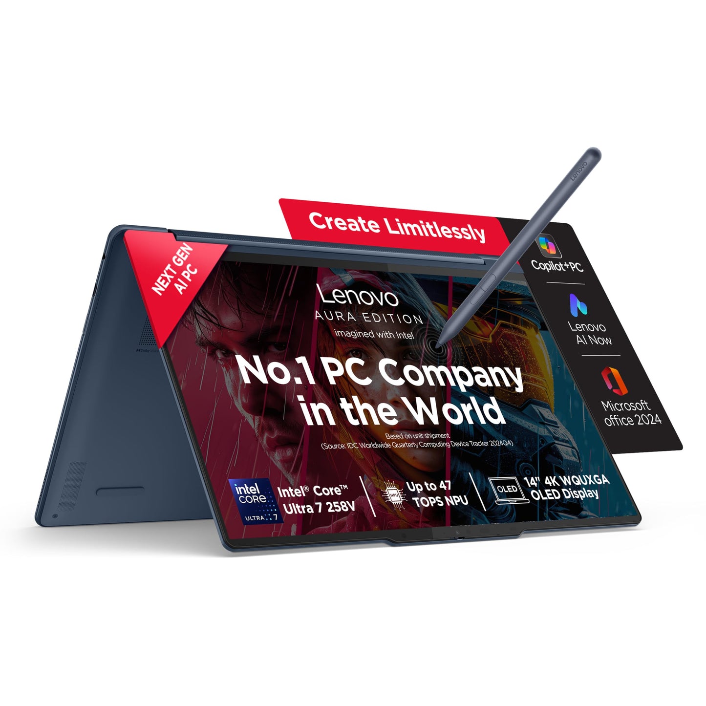 Lenovo Yoga 9 2-in-1 Aura Edition Intel Core Ultra 7 258V (32GB RAM/1TB SSD/14 (35.5cm)/4K WQUXGA OLED/47 Tops NPU/Copilot+PC/Windows 11/Office Home 2024+AI Now/Yoga Pen/Blue/1.3Kg), 83LC001FIN