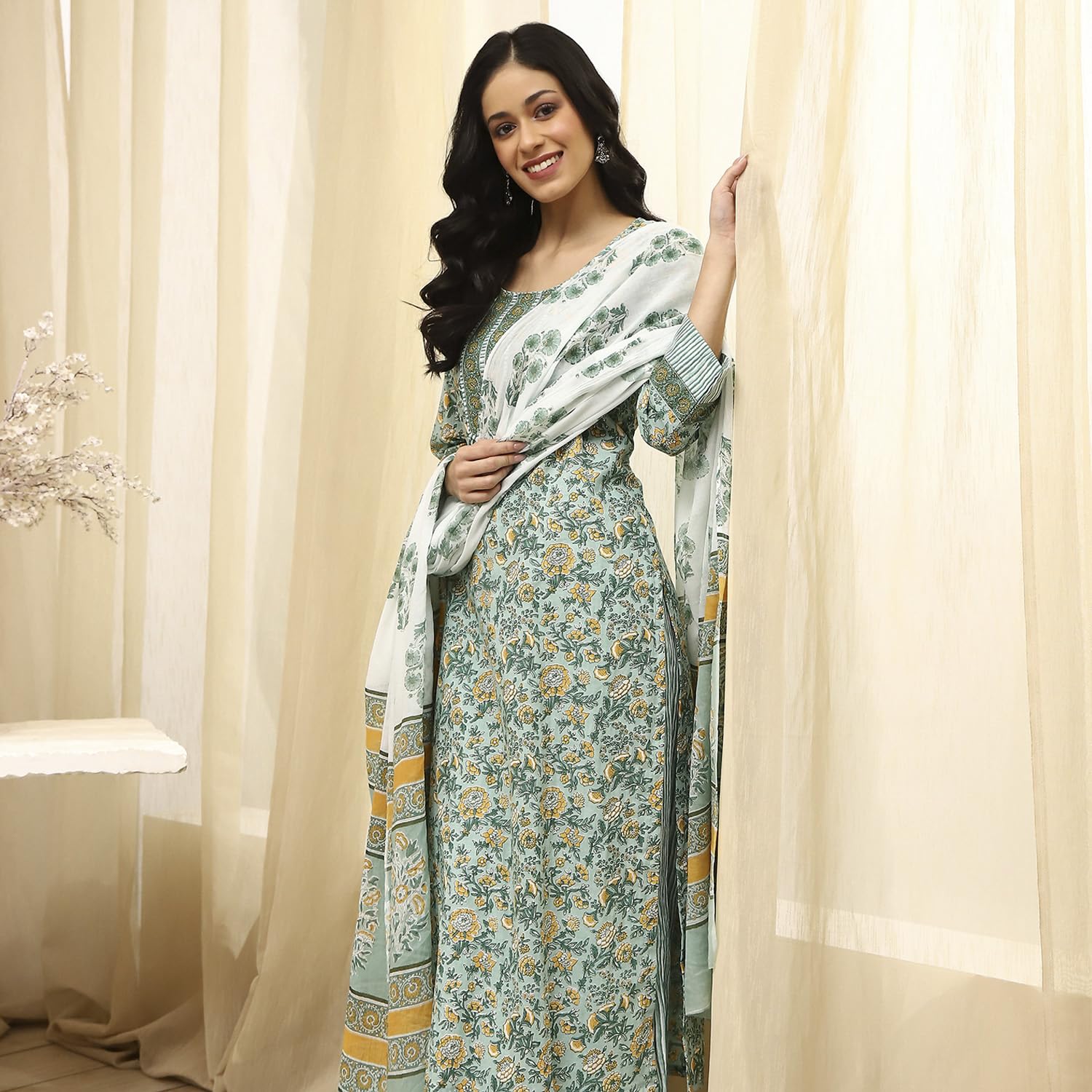 BIBA Women Green Cotton Screen Print Unstitched Suit Set_FREE SIZE BIBA Women Green Cotton Screen Print Unstitched Suit Set_FREE SIZE
