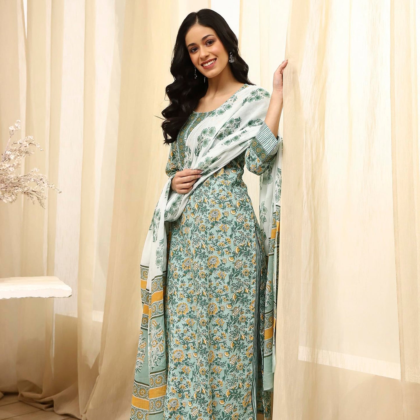 BIBA Women Green Cotton Screen Print Unstitched Suit Set_FREE SIZE