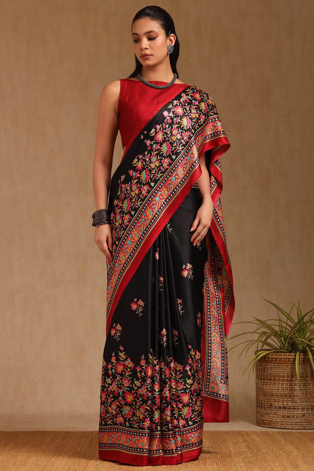 Soch Womens Black Pashmina Floral Print Saree