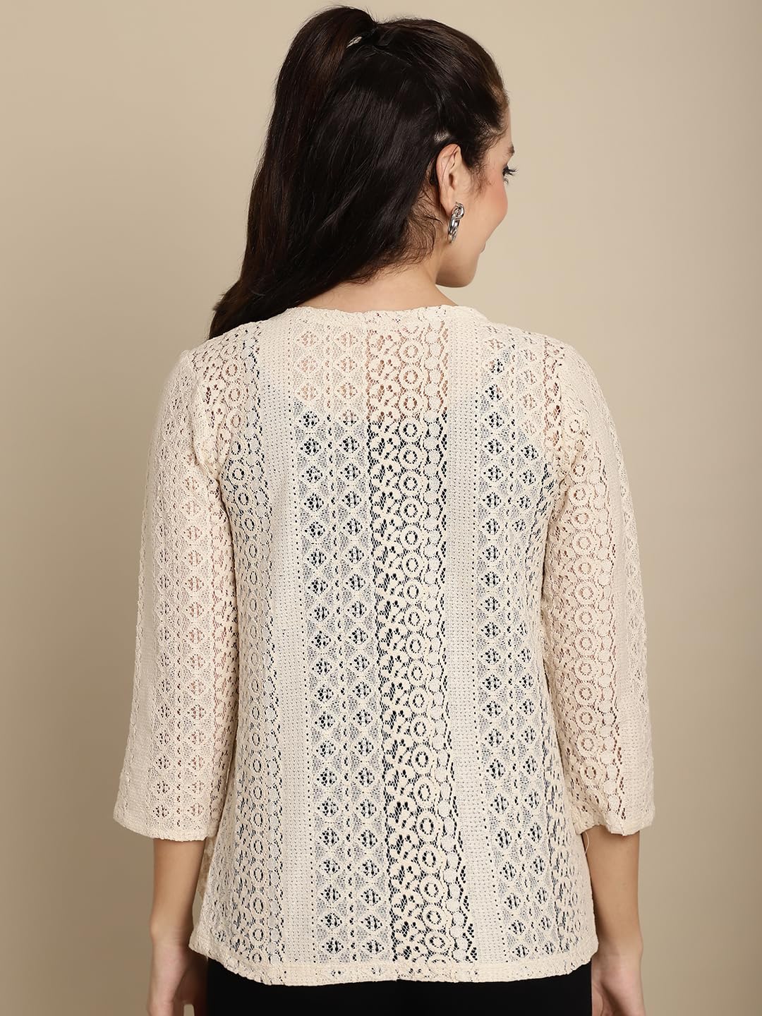 FineMe Women Trending Front Open | Cotton Self Designed 3/4th Sleeves Blazer Shrug 5XL Beige