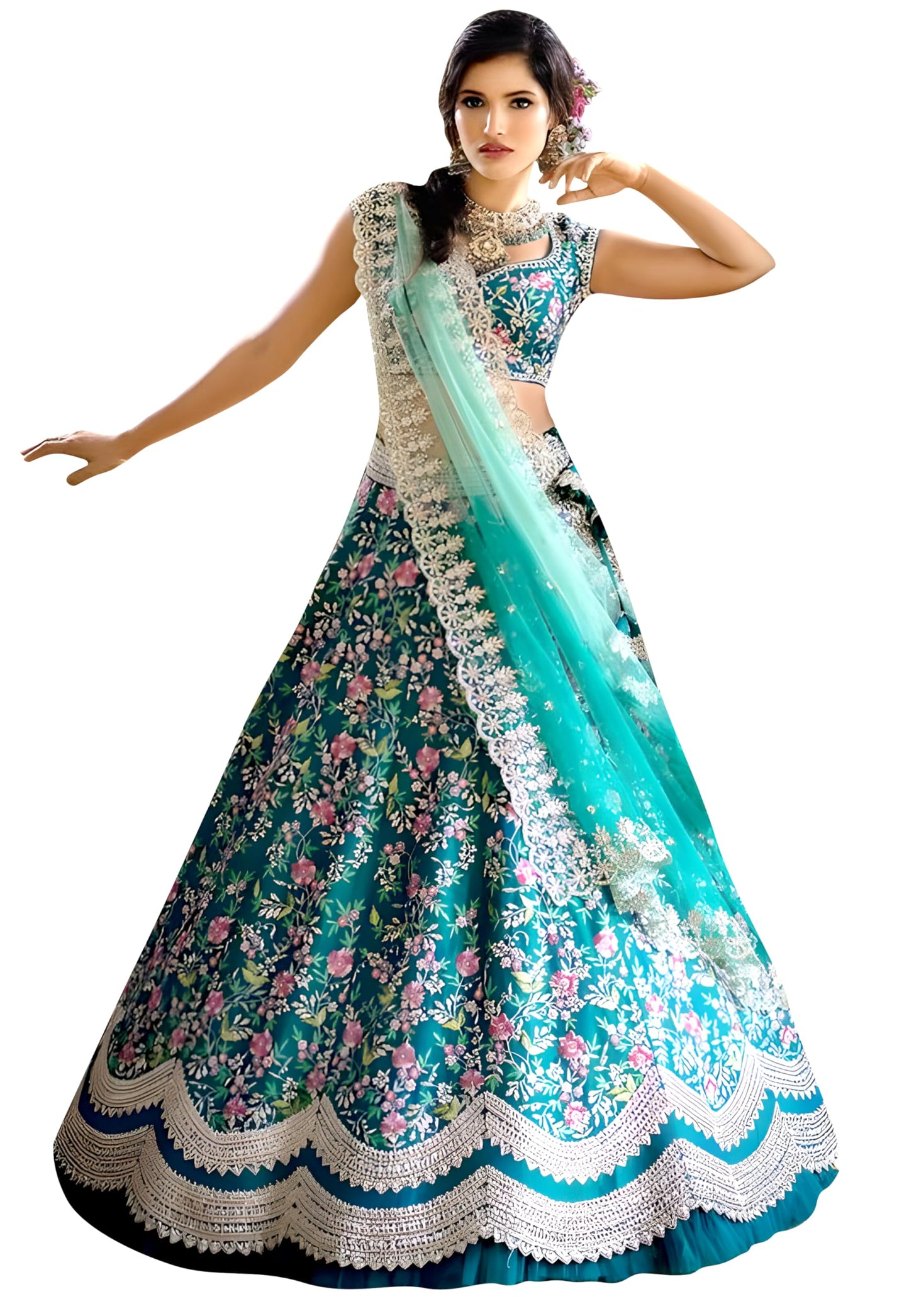TRENDMALLS Women's Satin Embroidery Lehenga Choli With Dupatta (L57-Turquoise, Semi stitched)