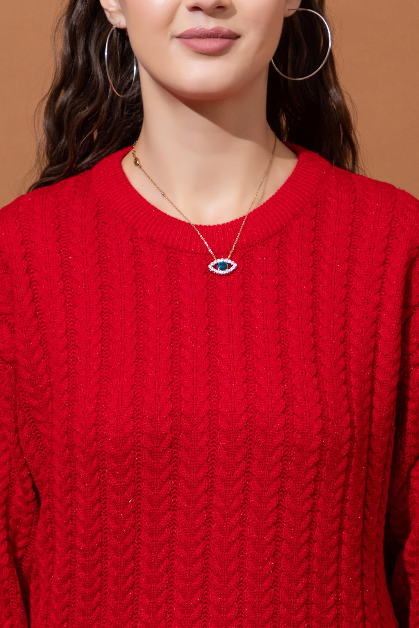 Style Dusk Women's Full Sleeves Round Neck Cable Design Pure Woolen Pullover Sweater for Winter Season (in, Alpha, 2XL, Red)