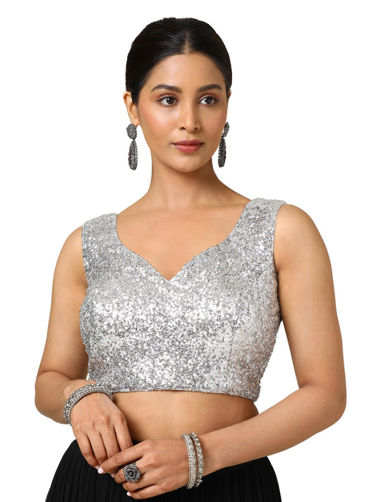 Soch Women's Georgette Embellished Sleeveless Regular Fit Blouse (BLHSSEQ00623_Silver 34)