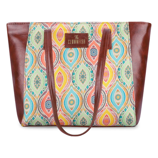 THE CLOWNFISH Valentine Printed Handicraft Fabric & Faux Leather Handbag for Women Office Bag Ladies Shoulder Bag Tote for Women College Girls (Multicolour Design)