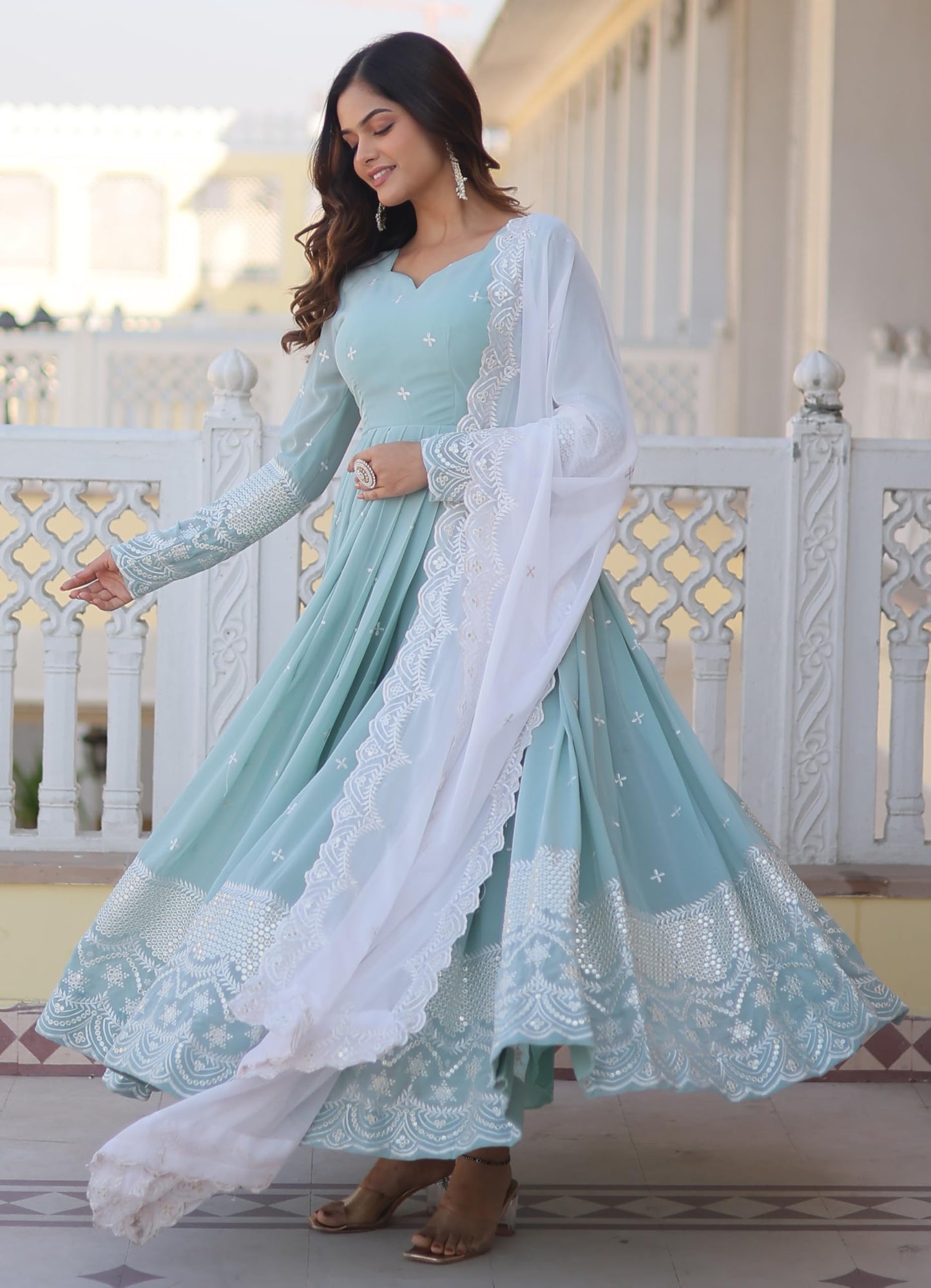 Fashion Basket Blue Women's Faux Georgette Anarkali Gown with Dupatta (XX-Large)