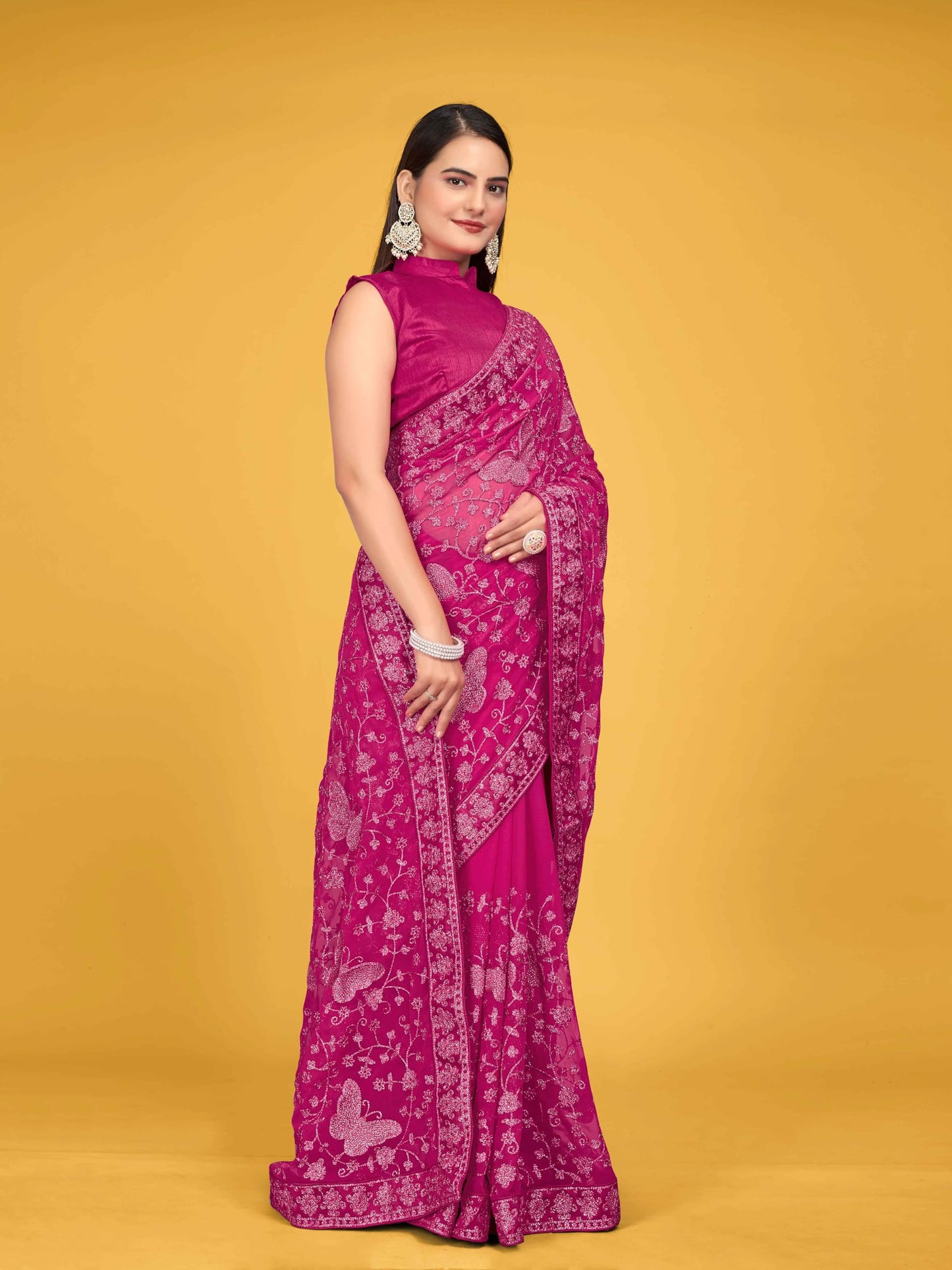 MANOHARI Women Georgette Most Trendy Embroidery Pink Saree With Blouse Piece