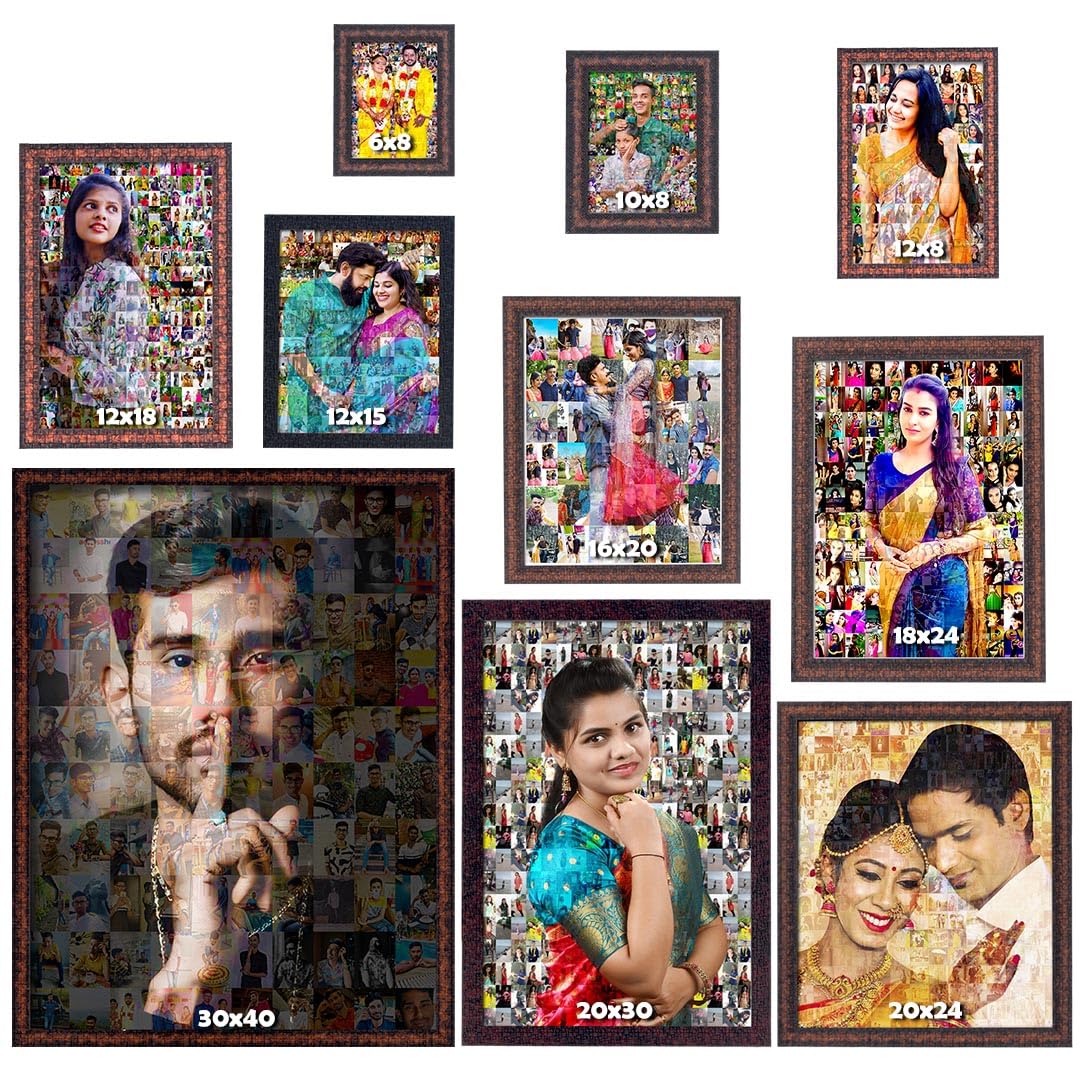 MUSHA - Personlized Mosaic Collage Wooden Rectangular Photo Frame | 8 MM Wooden Frame | Random Brown Frame | Latest Matt Finished | Wall Mount | 16x20 Inch | 144 Photo Included