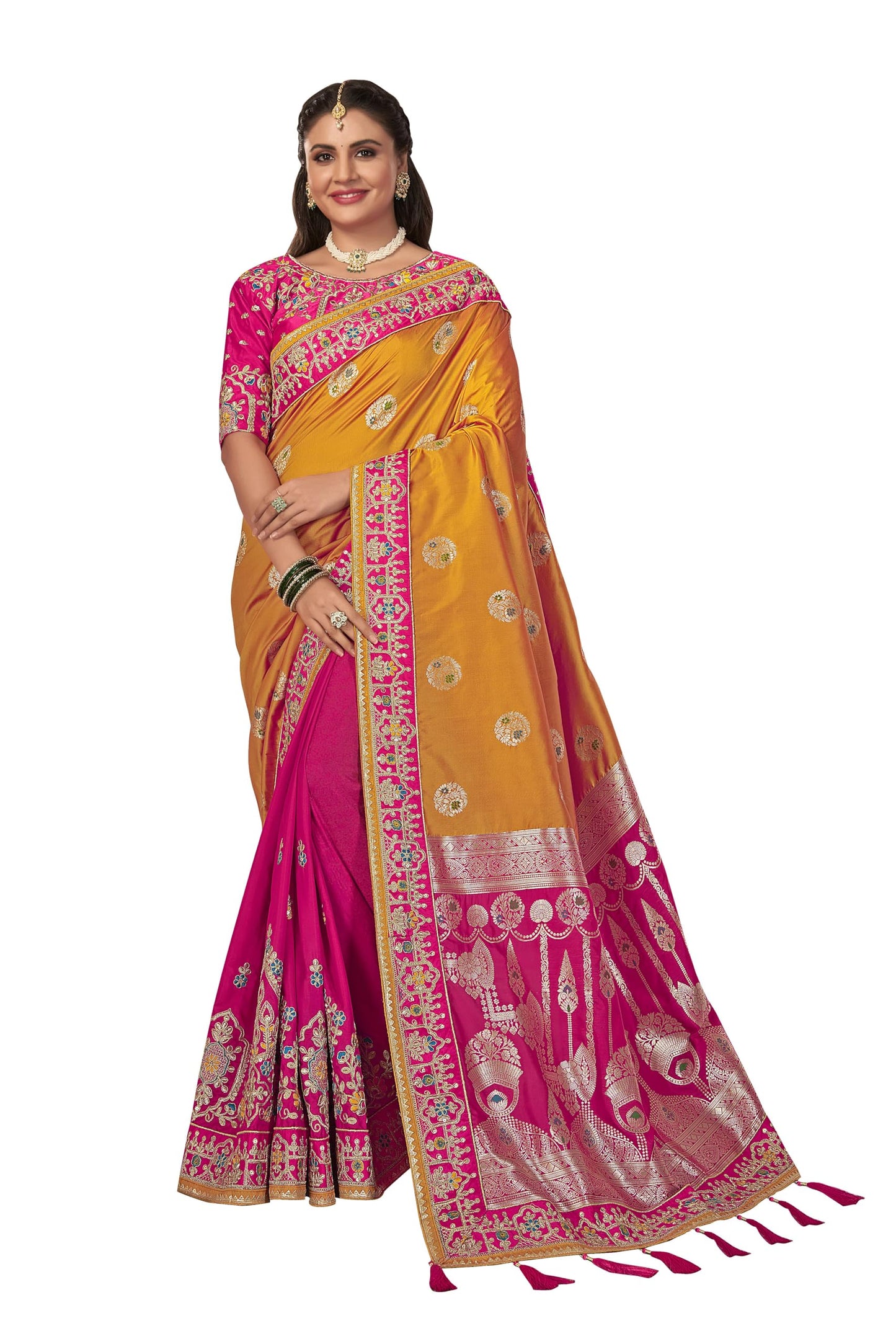 MANOHARI Banarasi Silk Woven Saree With Heavy Embroidery Blouse Piece_Mn1877 - Women, Yellow
