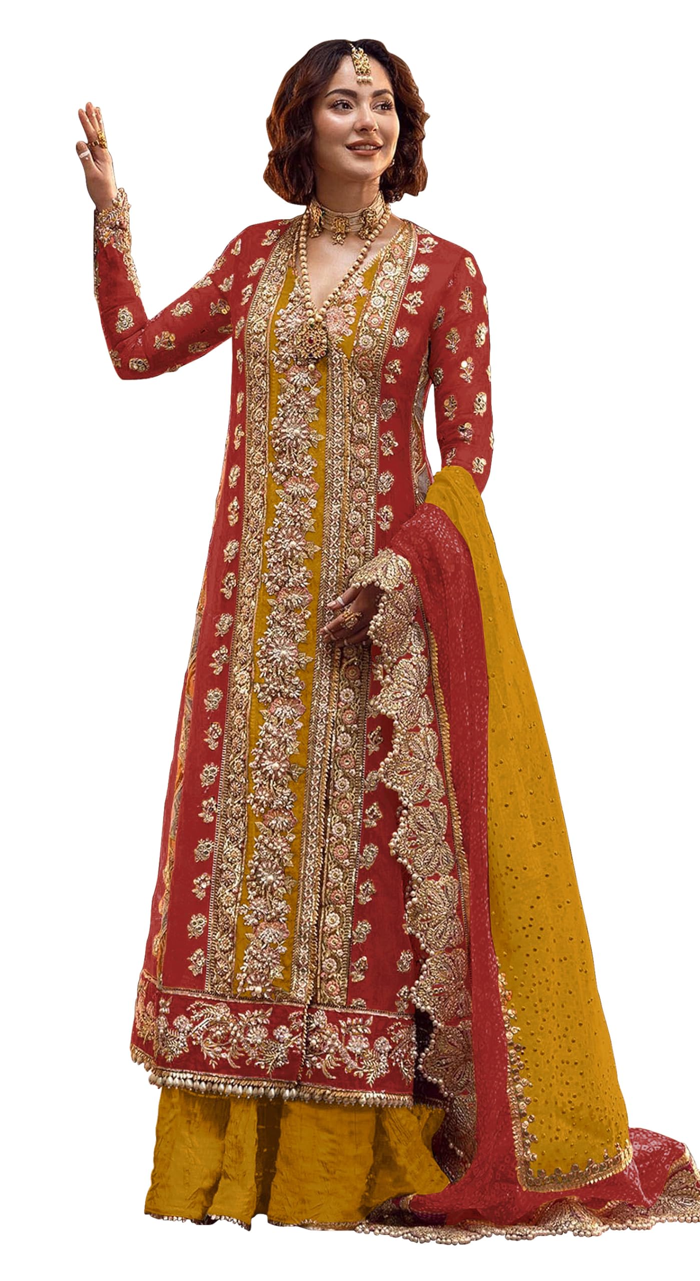 RUDRAPRAYAG Women's Mustard Color Traditional Organza Embroidered Semi Stitched Anarkali Suit Set With Embroidered Dupatta
