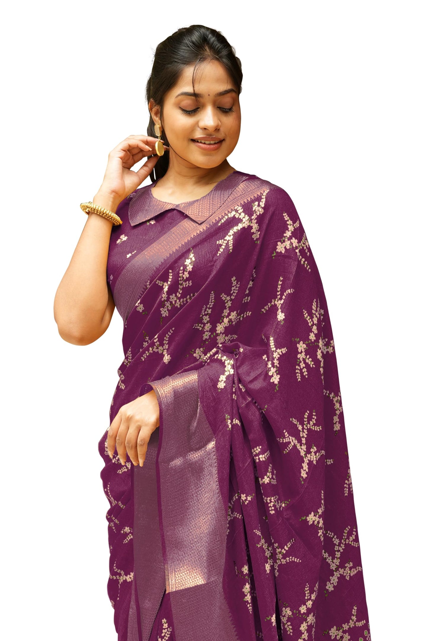 MIRCHI FASHION Women's Cotton Silk Floral Printed Saree with Blouse Piece (50746 - Dark Magenta, Multicolor)