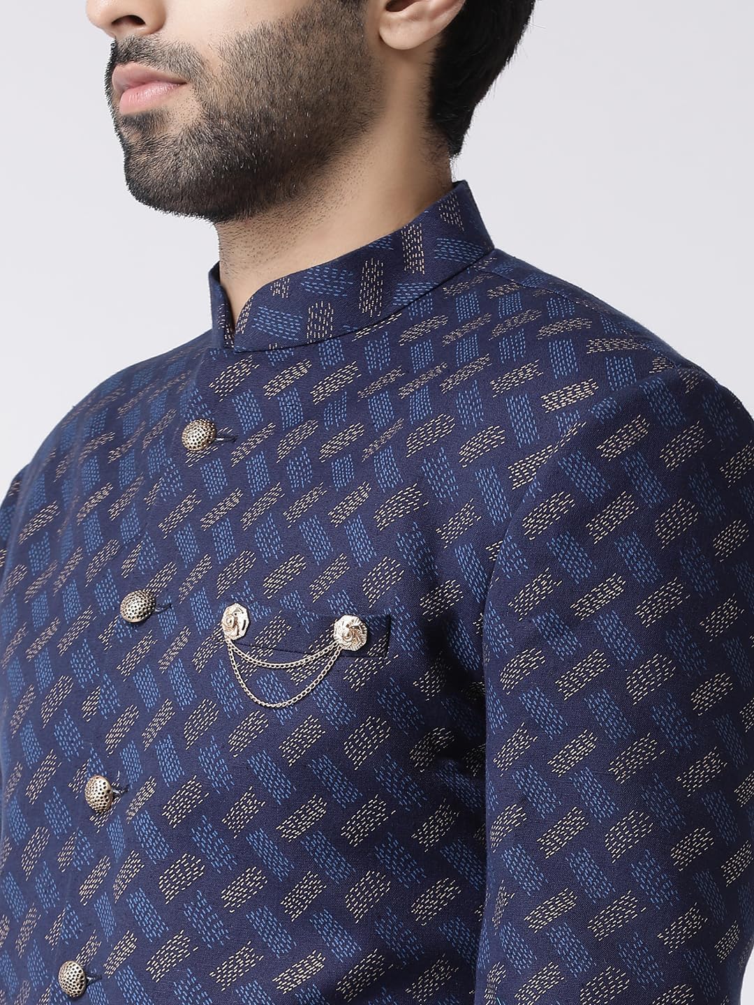 KISAH Men Navy Blue Printed Cotton Sherwani Set, Full Sleaves, Knee Length, Straight, Regular Fit, Mandarin Collar Ethnic wear