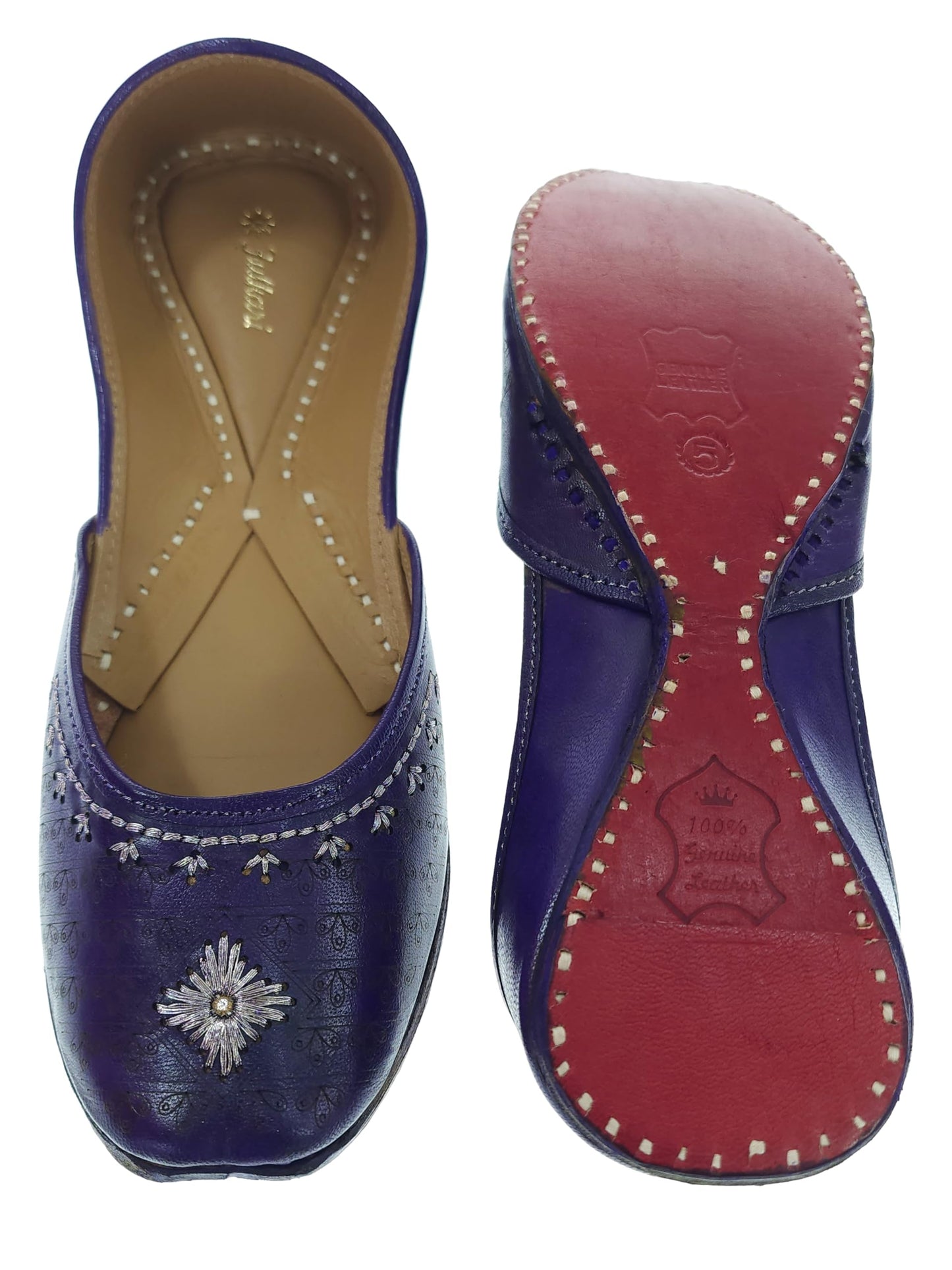 Fulkari Women's 3D Daimond Blue Gold Zarriwork Genuine Soft Leather Jutis | Bite and Pinch Free Juttis | Punjabi Jutti | Girl's Office Flat Ladies Mojari | dailywear Ethnic Juti | 36