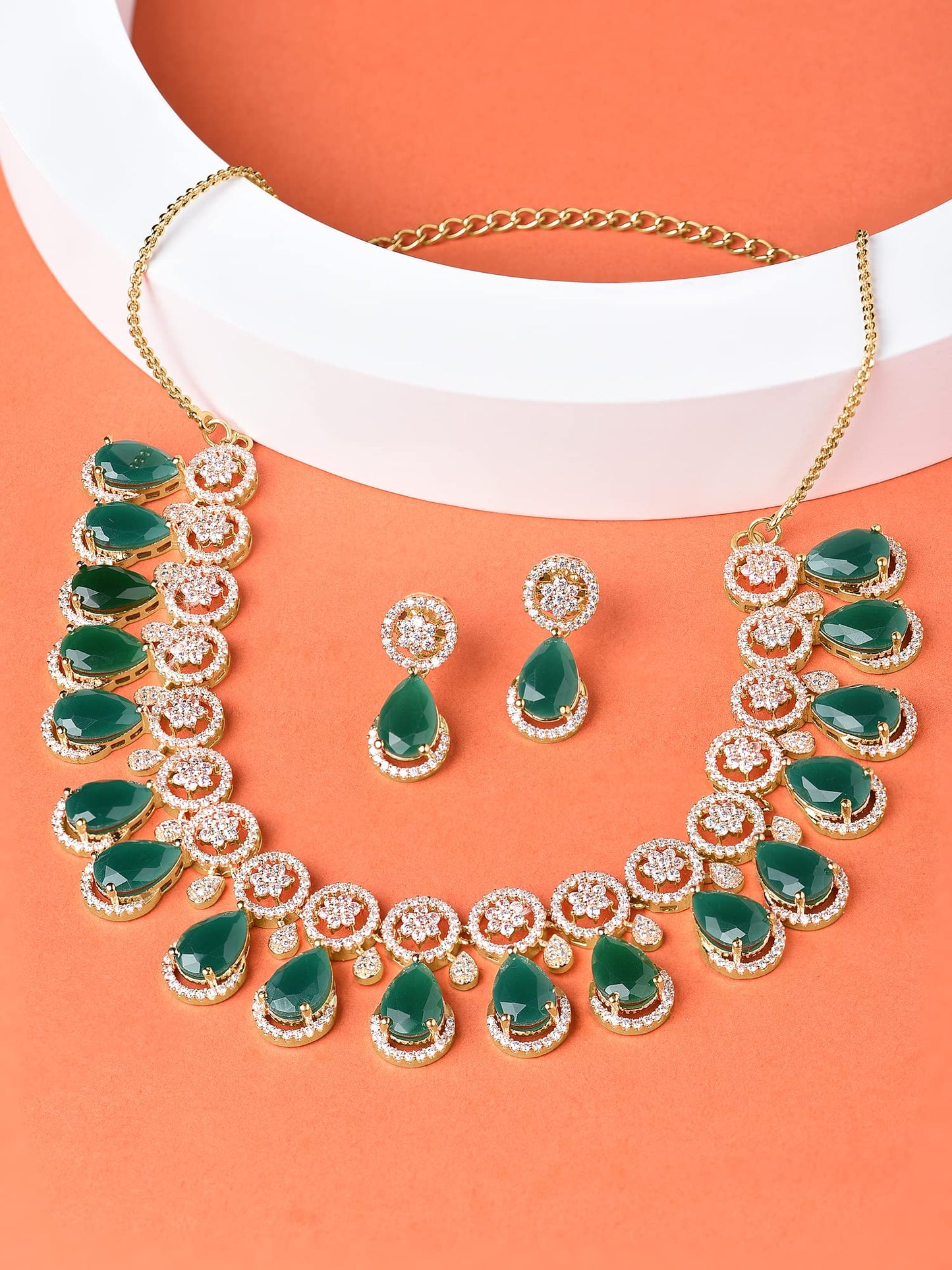 ZAVERI PEARLS Green TearDrop & Dazzling Cubic Zirconia Necklace & Earring Set For Women-ZPFK15299