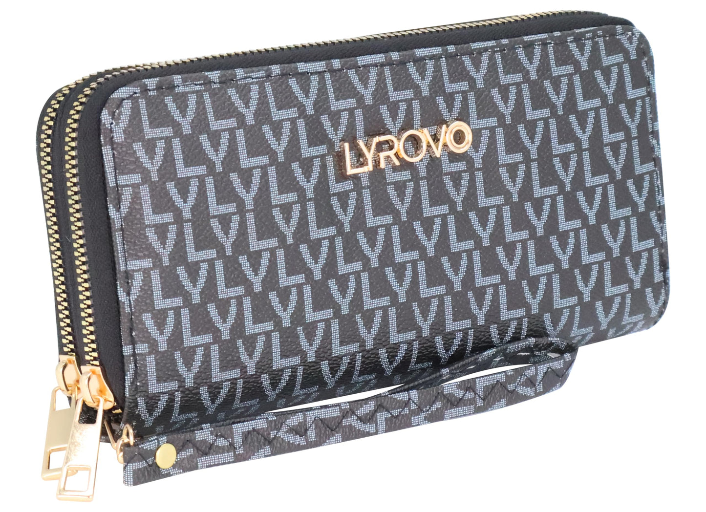 Lyrovo Purse Clutch Wallet for Women - PU Leather Double Zip Card Coin Holder with Wrist Strap (LY, Black)