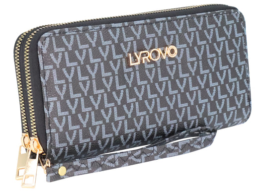 Lyrovo Purse Clutch Wallet for Women - PU Leather Double Zip Card Coin Holder with Wrist Strap (LY, Black)