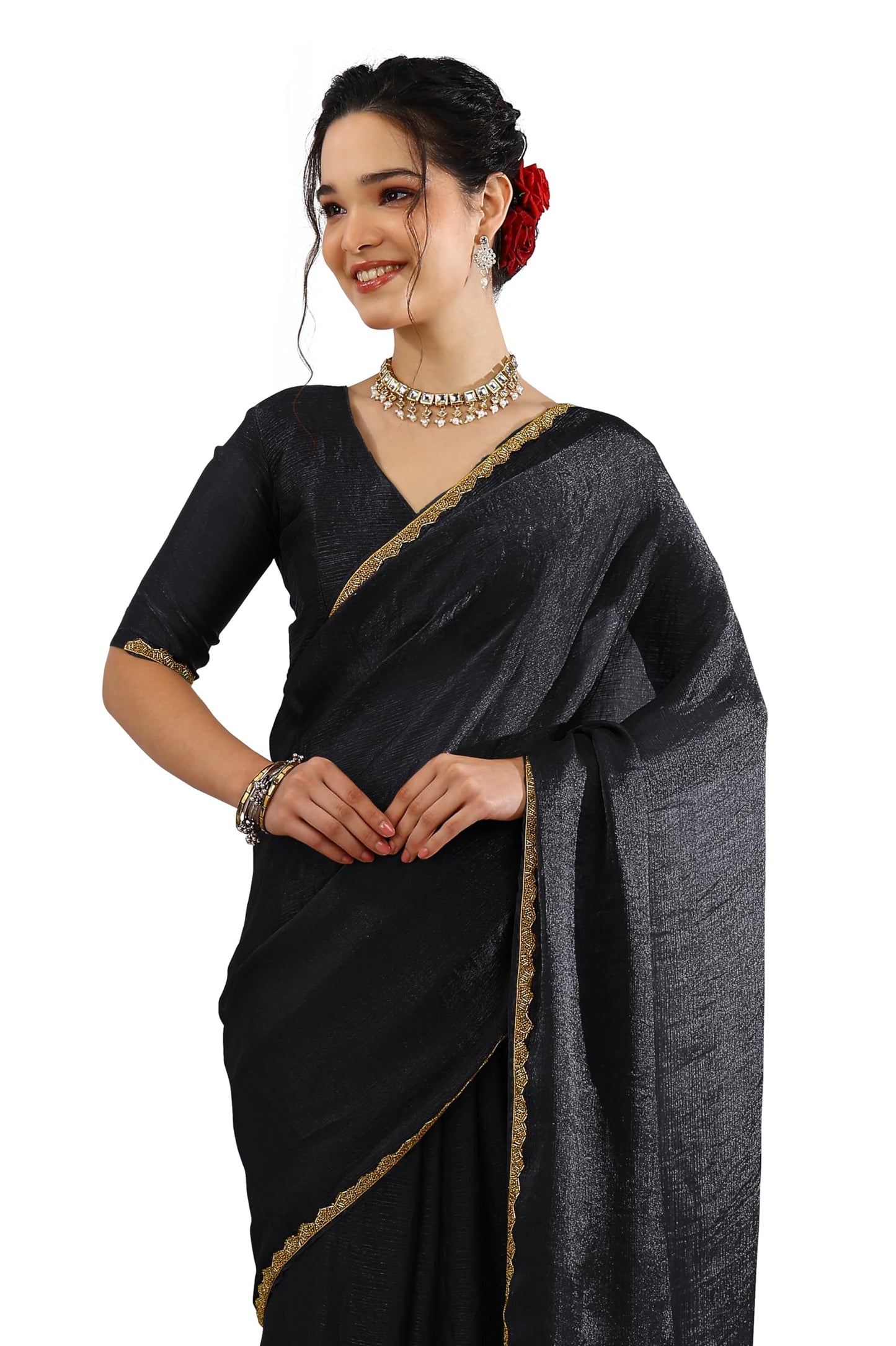 Subham Women's Silk Blend Hand Work Embellished Saree with Blouse Piece (60434 - Black)