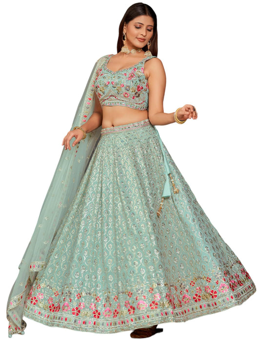 Zeel Clothing Women's Resham Sequins Mirror Work Georgette Lehenga Choli with Dupatta (5084-Pista-Wedding-Stylish-New; Free Size)