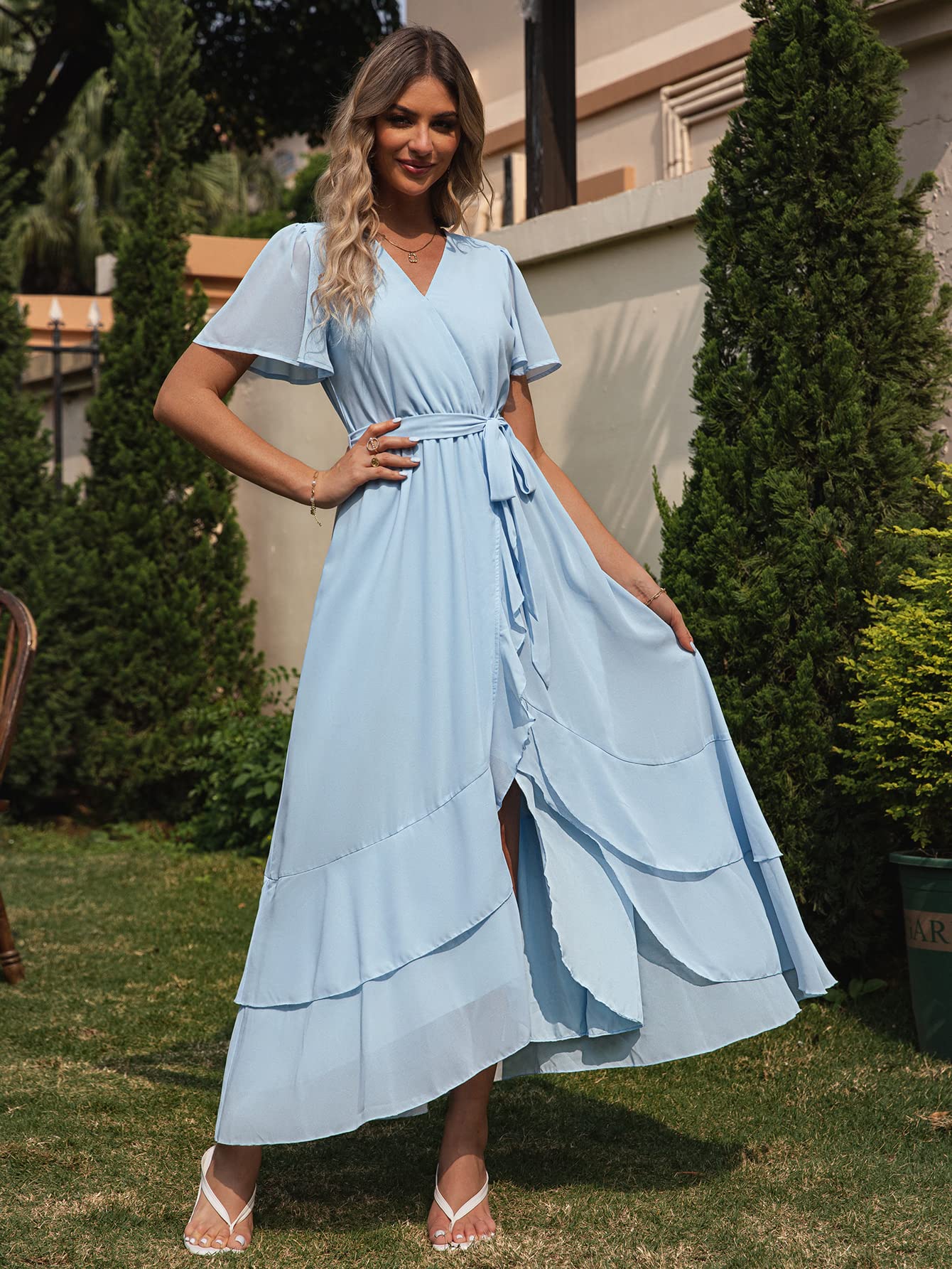 Simplee Womens Summer Chiffon Wrap Casual Maxi Ruffle Split Dress Flowy Bridesmaid Wedding Party Evening Cocktail with Belt, Ruffle-light Blue, XL