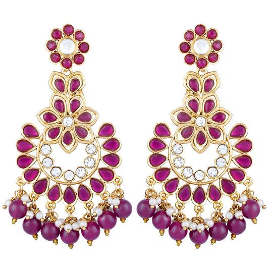 Peora Gold Plated Rani Pink Studded Chandbali Dangle Earrings for Women