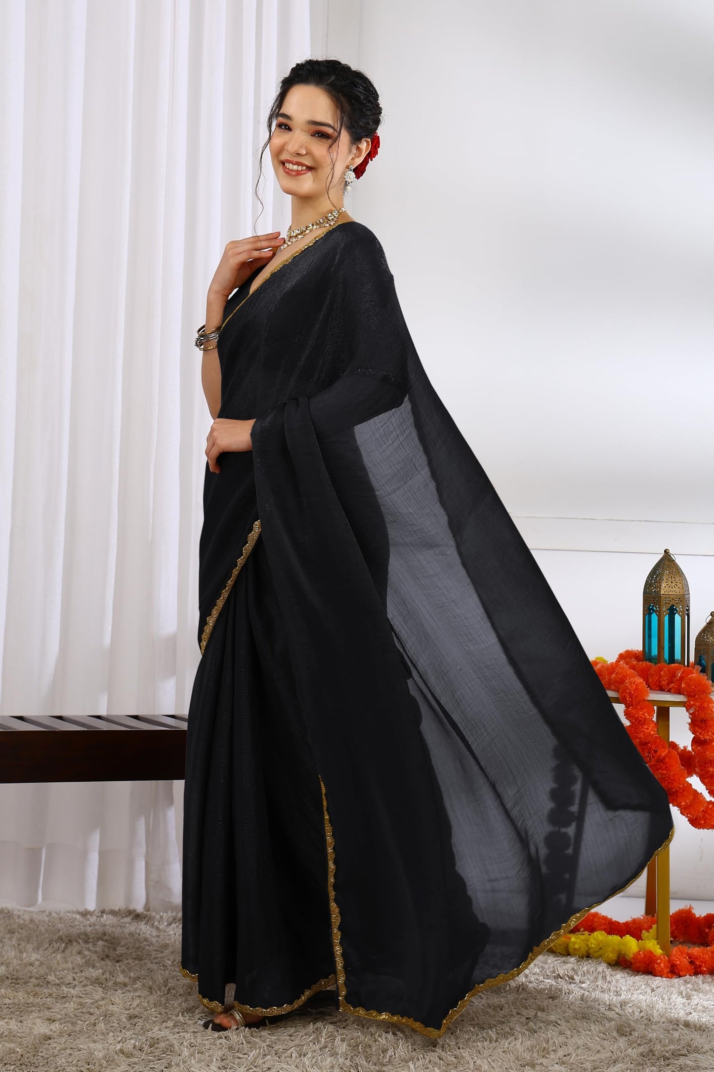 Subham Women's Silk Blend Hand Work Embellished Saree with Blouse Piece (60434 - Black)