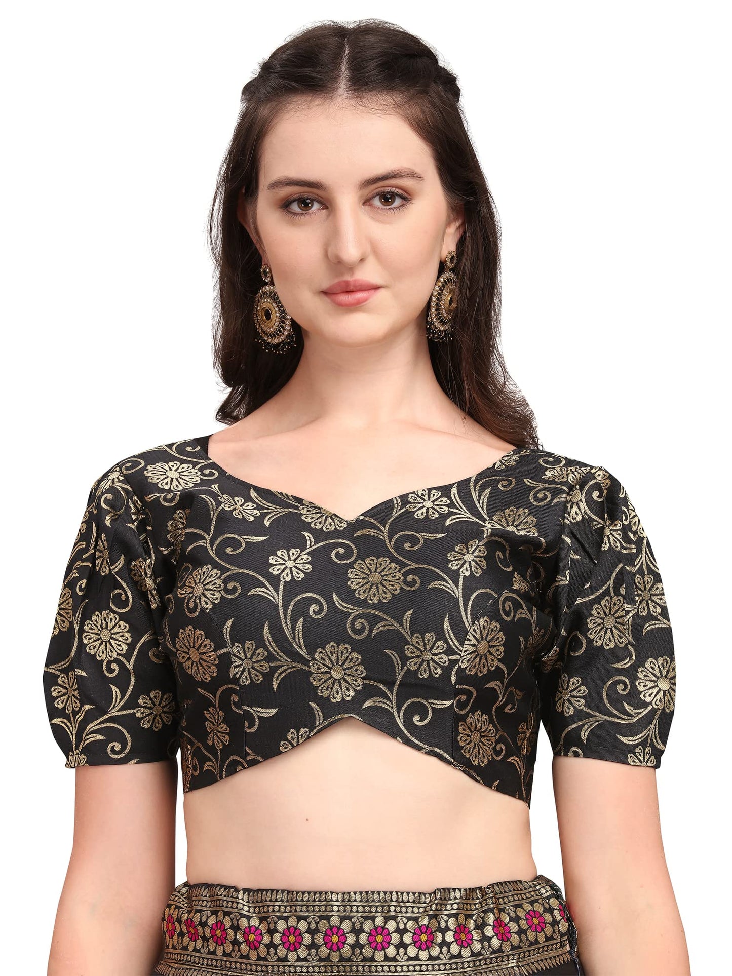 PURVAJA Women's Jacquard Semi-Stitched Lehenga choli (Arambh-Black_Black_Free Size)