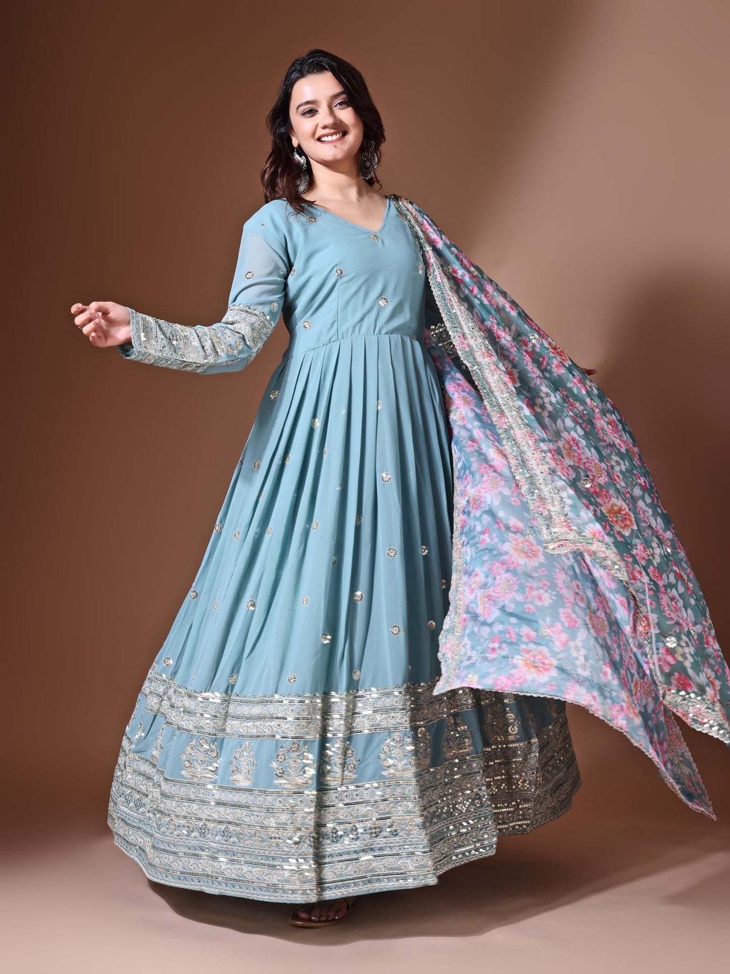 Fashion Basket Georgette Embroidered Anarkali Dress for Women (in, Alpha, 2XL, Regular, Sky Blue)