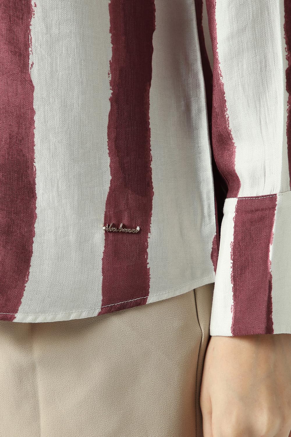 Women Maroon Stripe Long Sleeves Casual Shirt