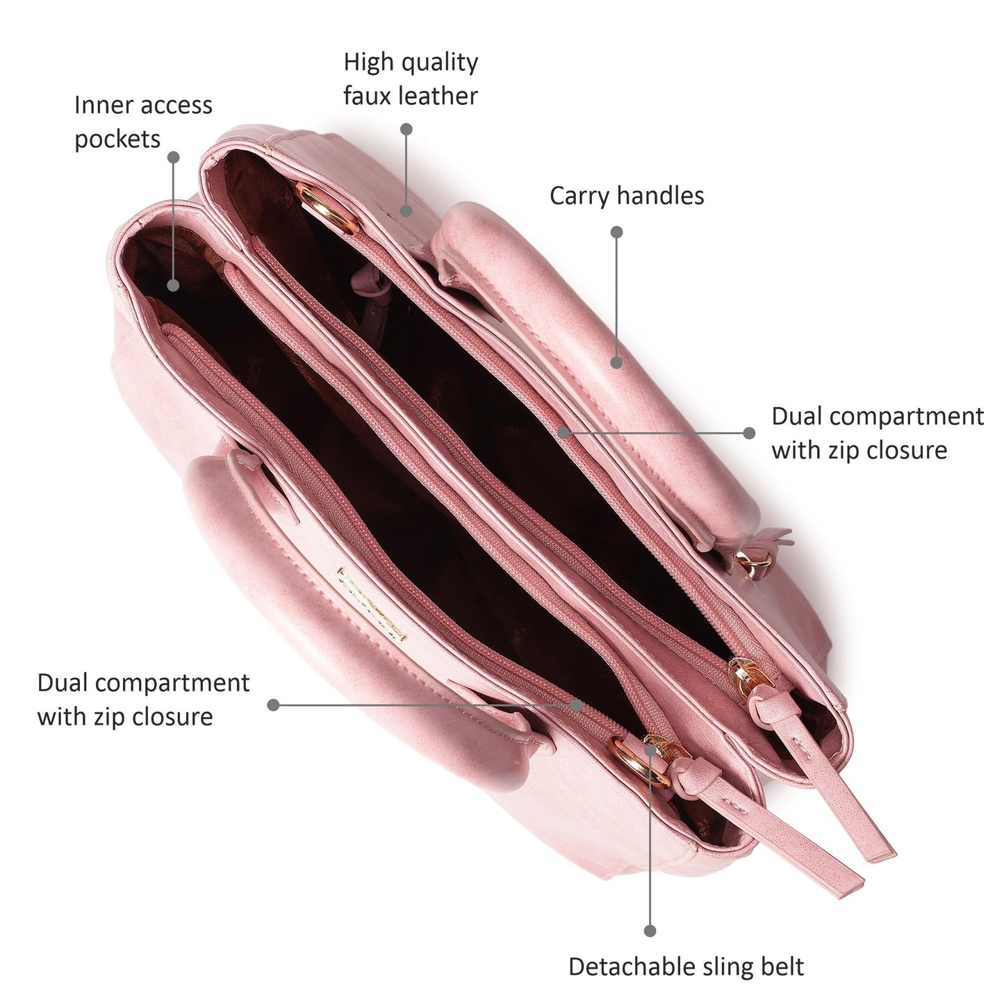 Fastrack Women Carryall Satchel with Top Handles and Adjustable Shoulder Strap - Stylish Zippered for Everyday Use, Pink