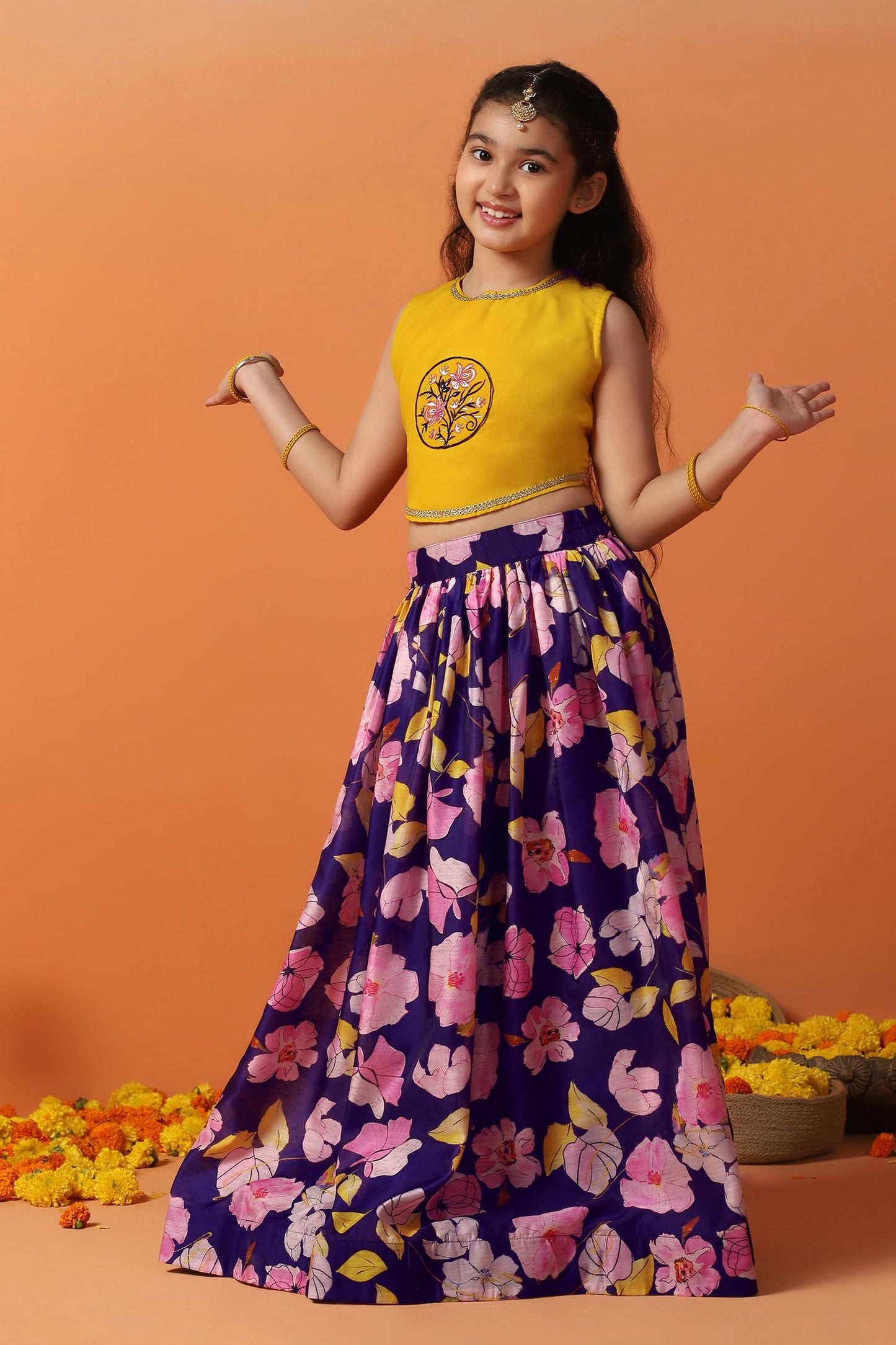 Fashion Dream Girl's Chanderi Silk Printed Lehenga Choli Set|Lehenga Set for Girls|Ethnic Wear for Kids Girls|Lehenga for Kids|Chaniya Choli for Girls (FDGLGC00178 MST 18_Mustard_2-3 Years)