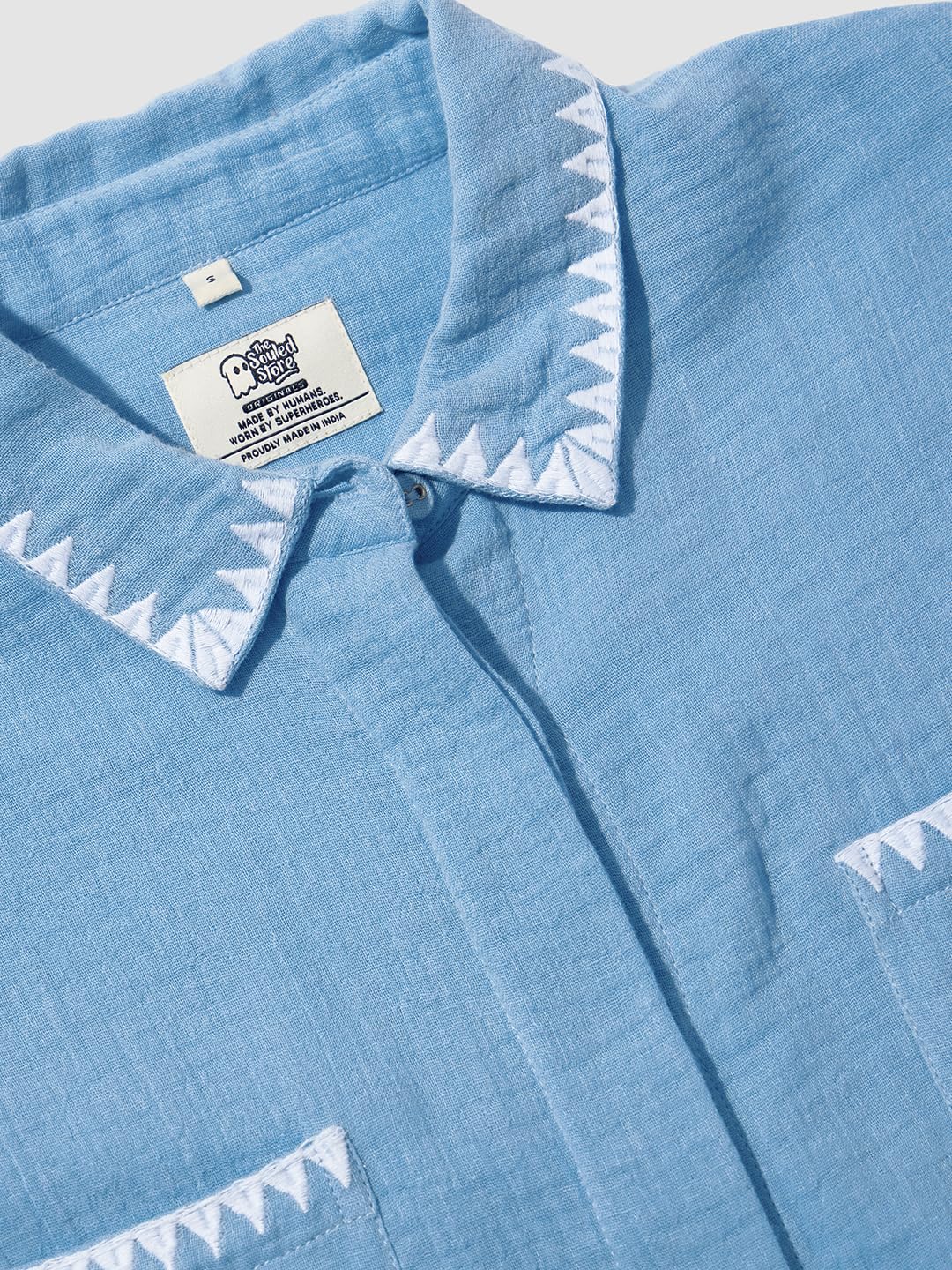 The Souled Store Textured Shirt: Sky Blue Women and Girls Long Sleeves Collared Neck Button Front Polyester Boyfriend Shirts