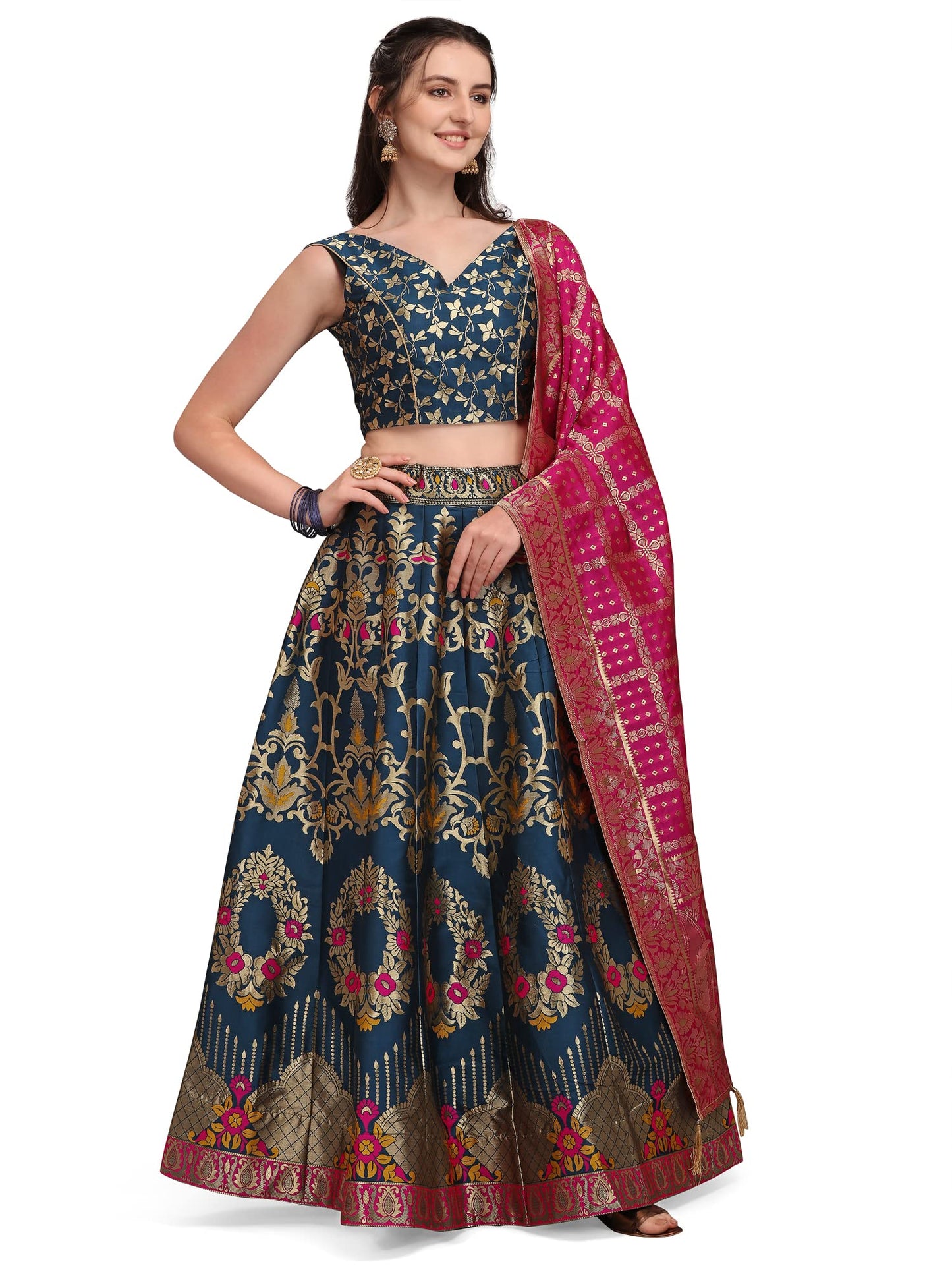 PURVAJA Women's Jacquard Semi-Stitched Lehenga choli (Amayra-Rama_Rama_Free Size)