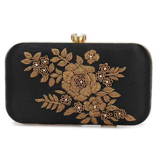 For The Beautiful You Black Embroidered Flower Women's Clutch