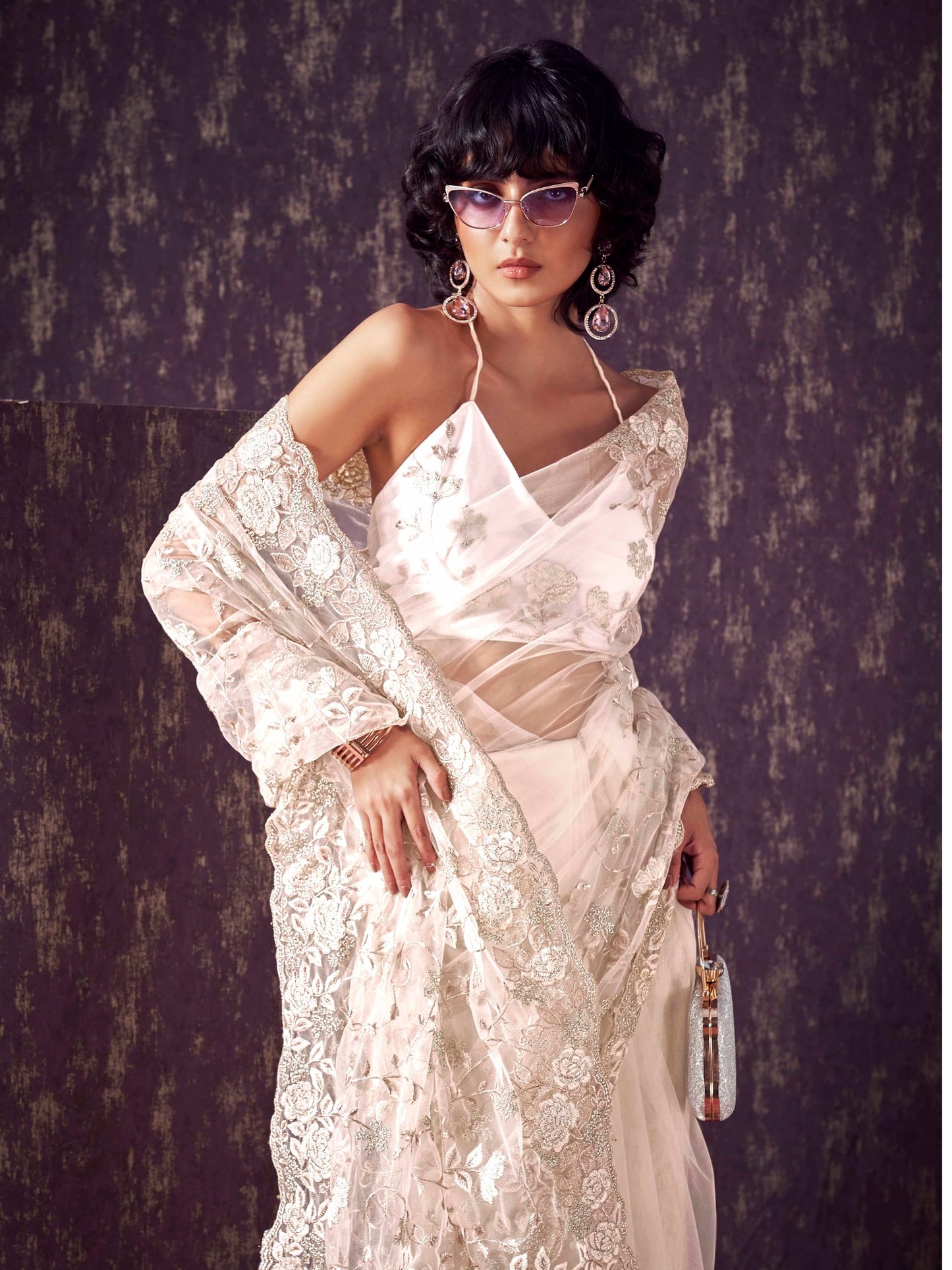 Womanista Women's Net Embroidered Saree (TI6580_Cream)