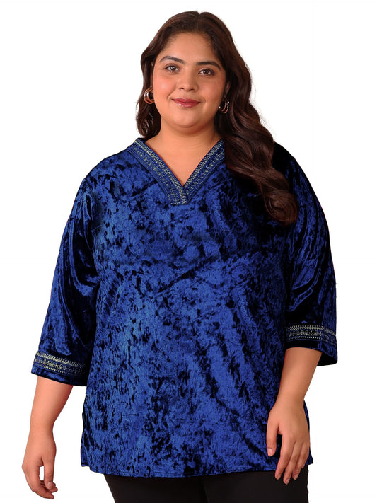 Indietoga Women's Plus Size Stretchable Velvet Embroidered Longline Top (P10001662_Blue Embroidered_XL)
