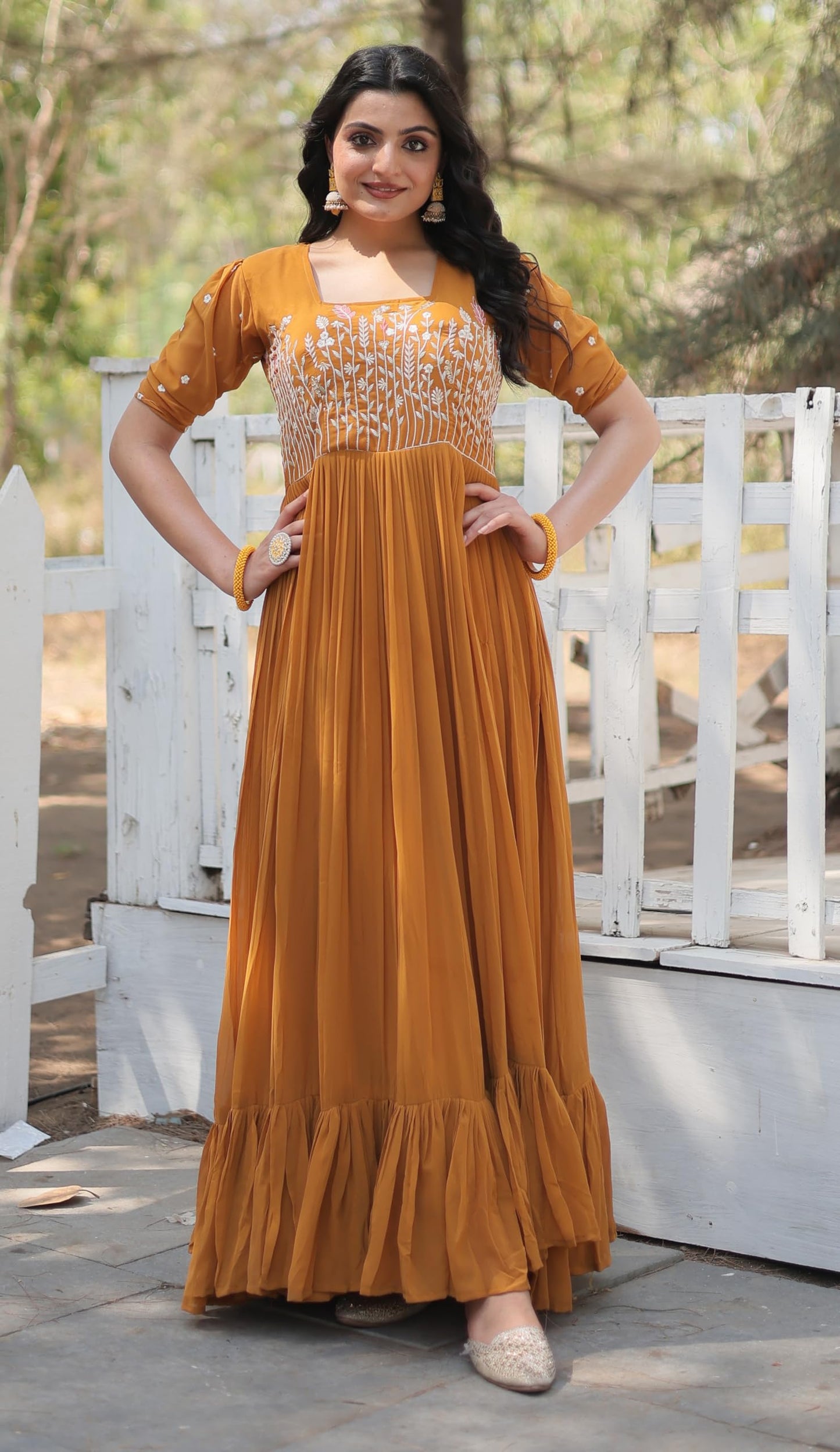 Fashion Basket Georgette Anarkali Gown with Sequins and Embroidery for Women with Long Sleeves (X-Large, Yellow)